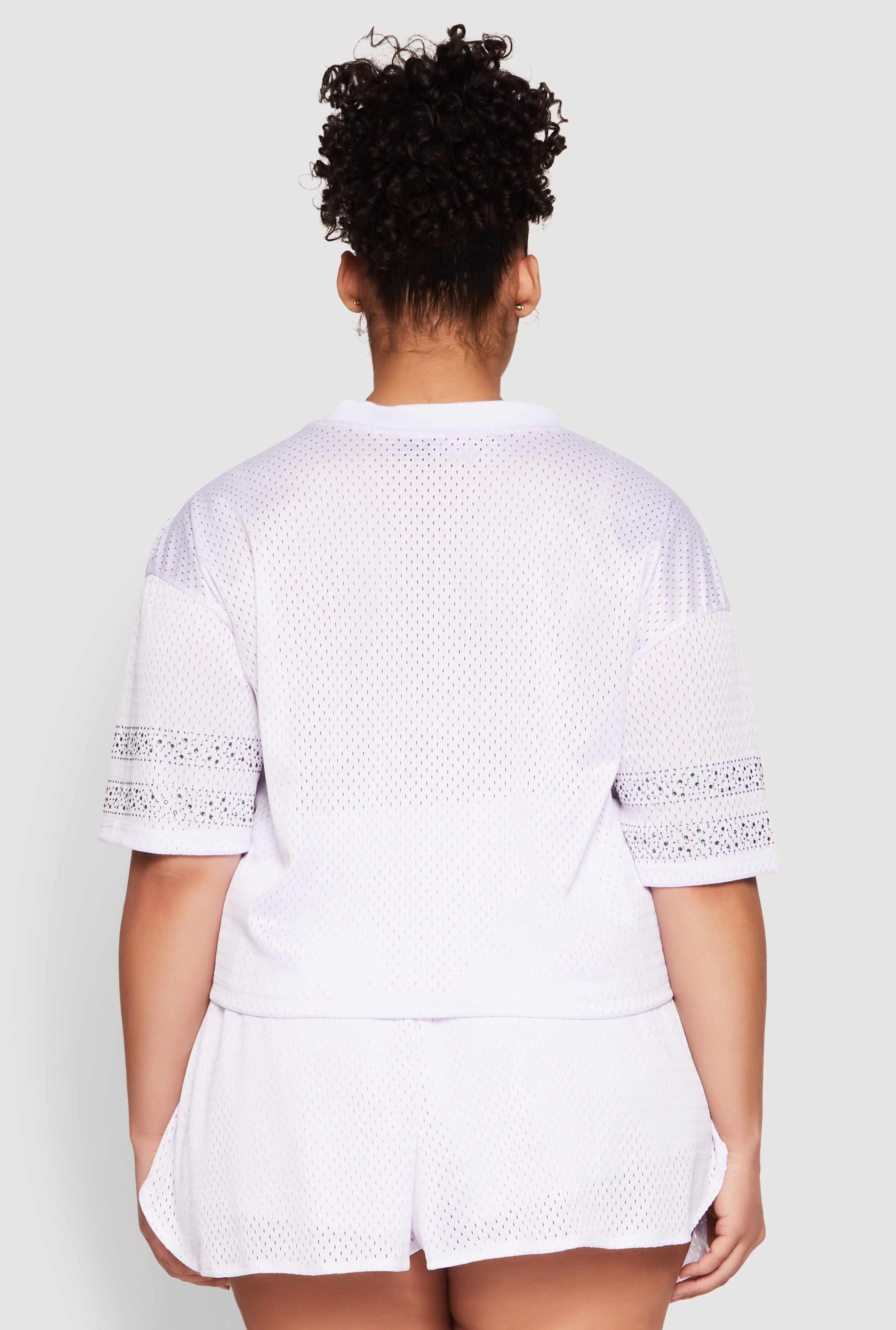 Plus Size Rhinestone Graphic Print Mesh Jersey