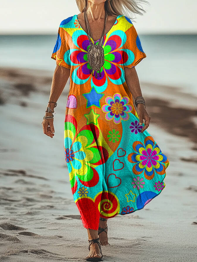 Women's Vintage Floral Art Print Pocket Cotton Dress