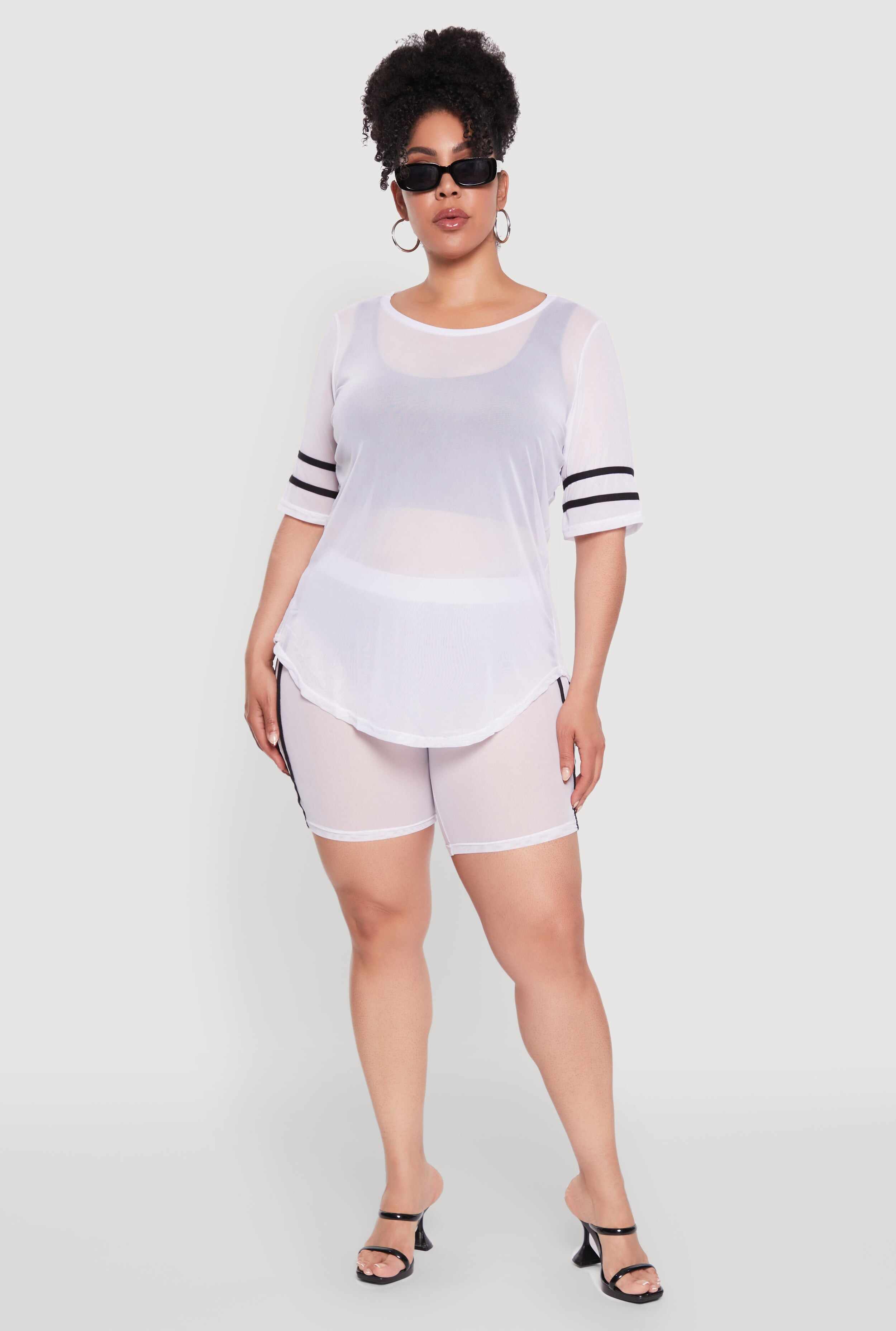 Plus Size Mesh High Waisted Bike Shorts with Varsity Stripe Details