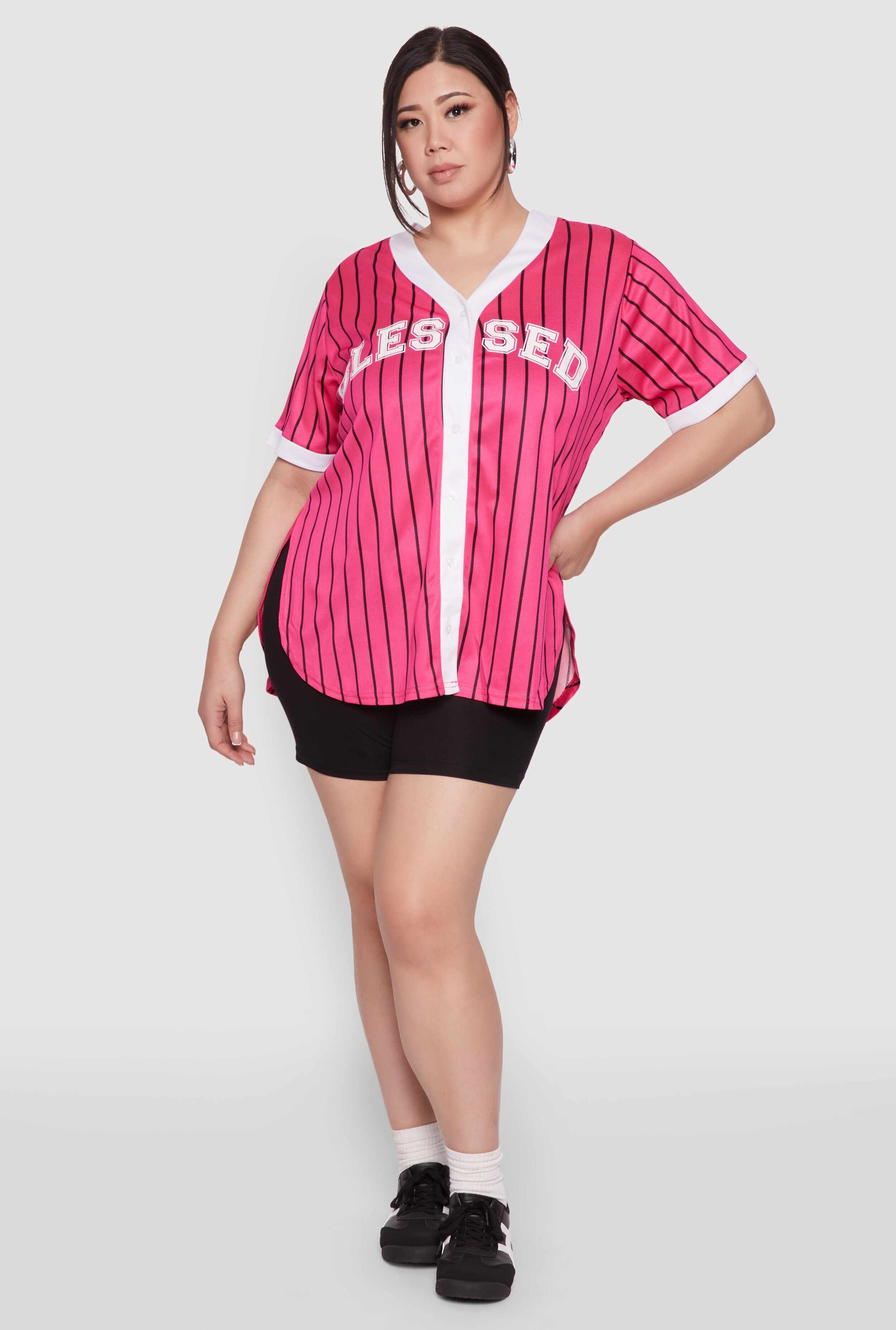 Plus Size Blessed Pinstripe Baseball Shirt