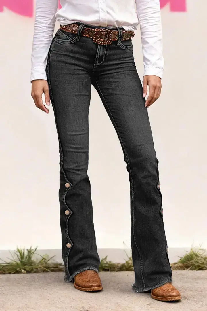 🔥Summer Arrivals🌟Raw Hem Button Side Mid Waist Bootcut Jeans Without Belt