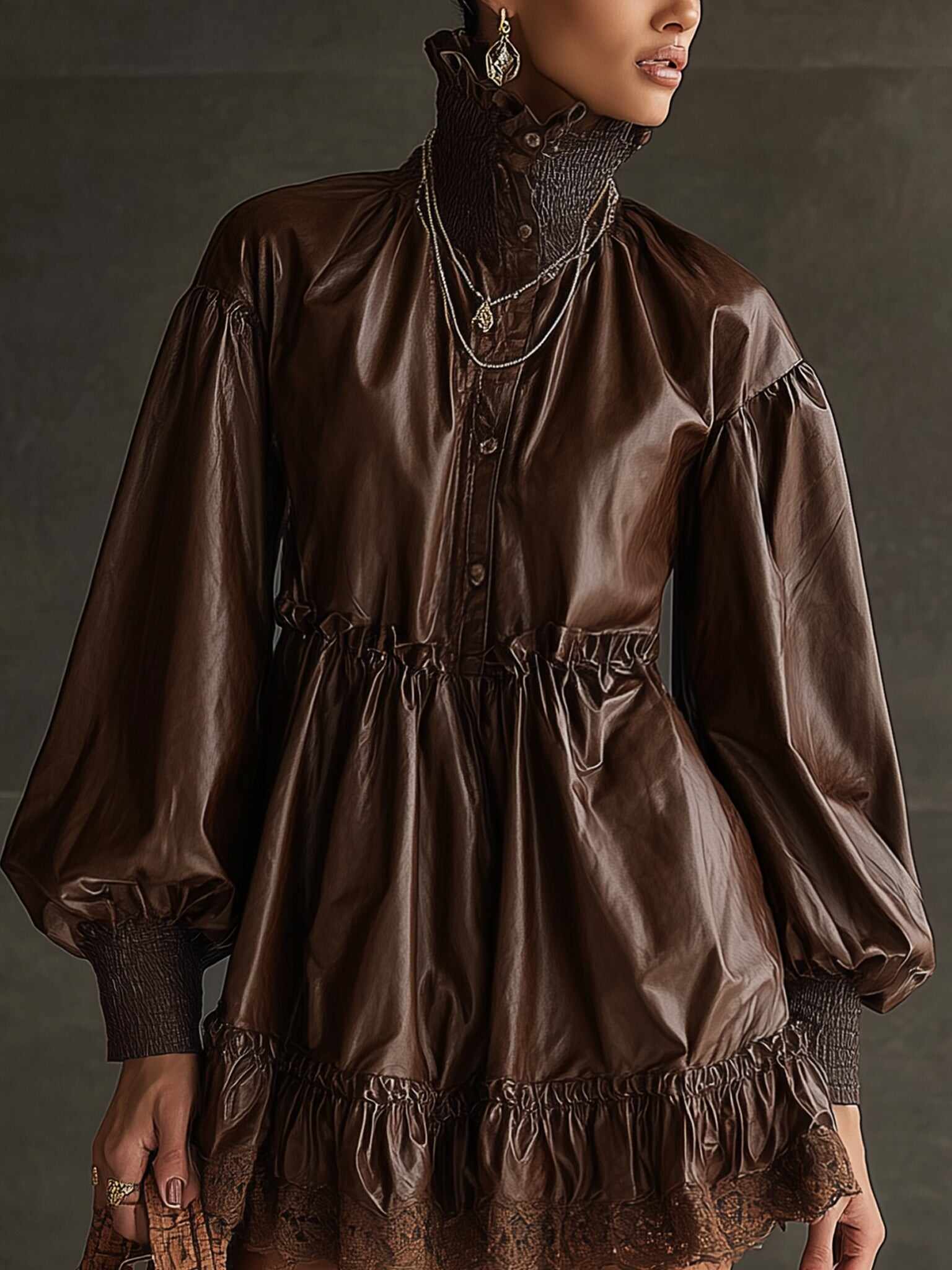 Chocolate Leather Lace Ruffle Long Sleeve Mini Dress
