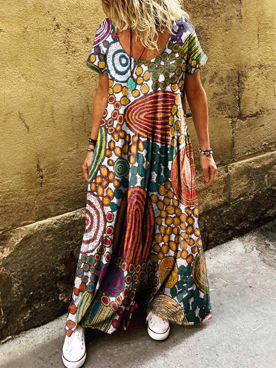 Women's Retro Folk Art Print Pocket Short Sleeve Cotton Dress