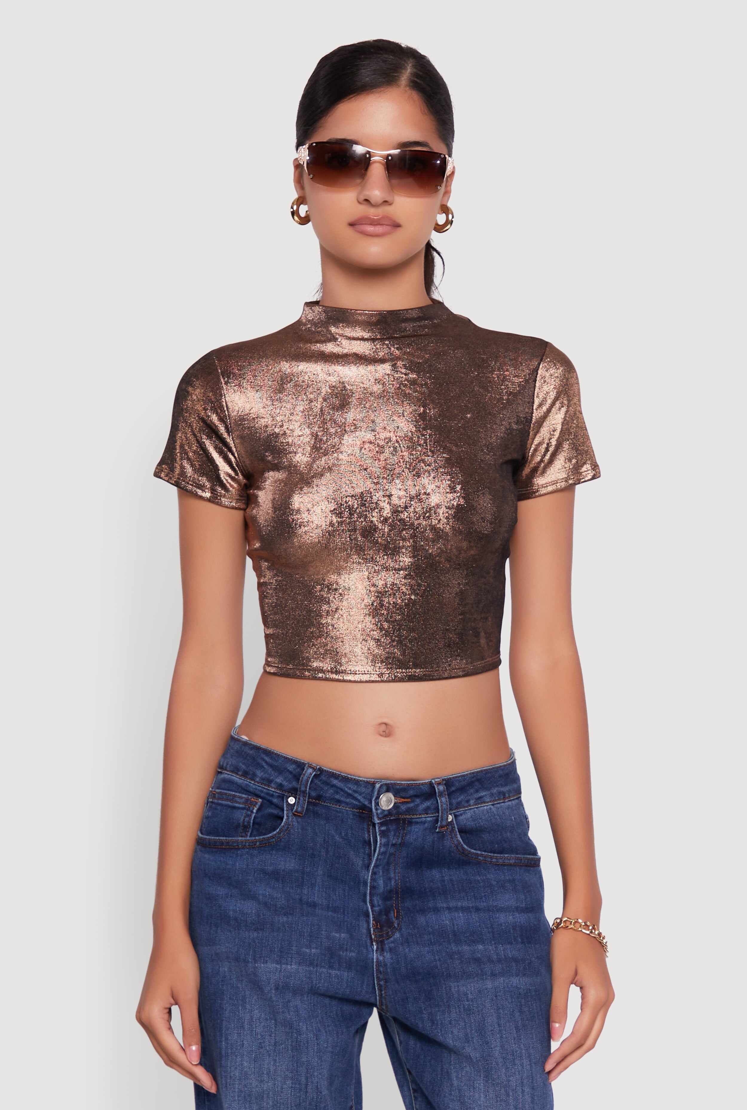 Metallic Short Sleeve Crop Top