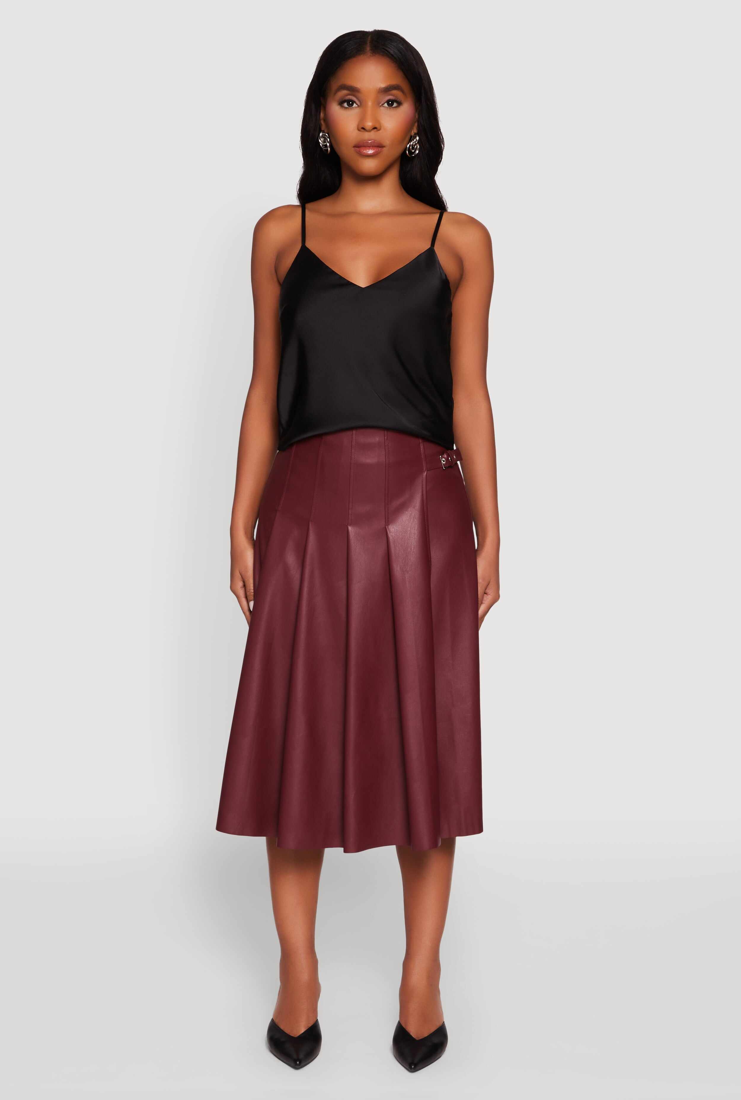 Faux Leather Buckle Detail Midi Pleated Skirt
