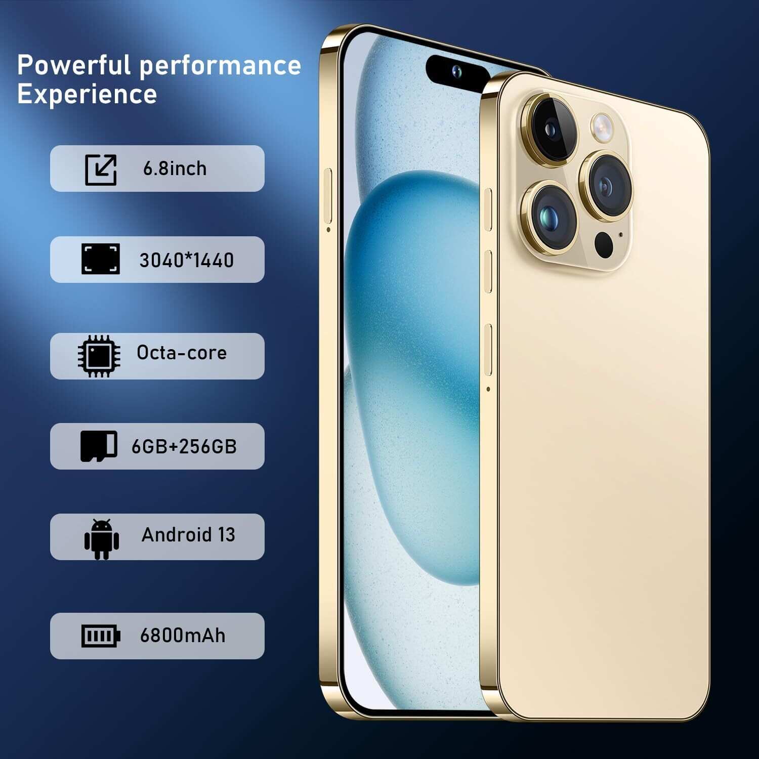 A15 Pro Max Smartphone, 6+256GB Unlocked Phone, Android 13.0, 48+108MP Zoom Camera, Long Battery Life 6800mAh, Dual SIM, 6.7“ HD Screen,5G Phone