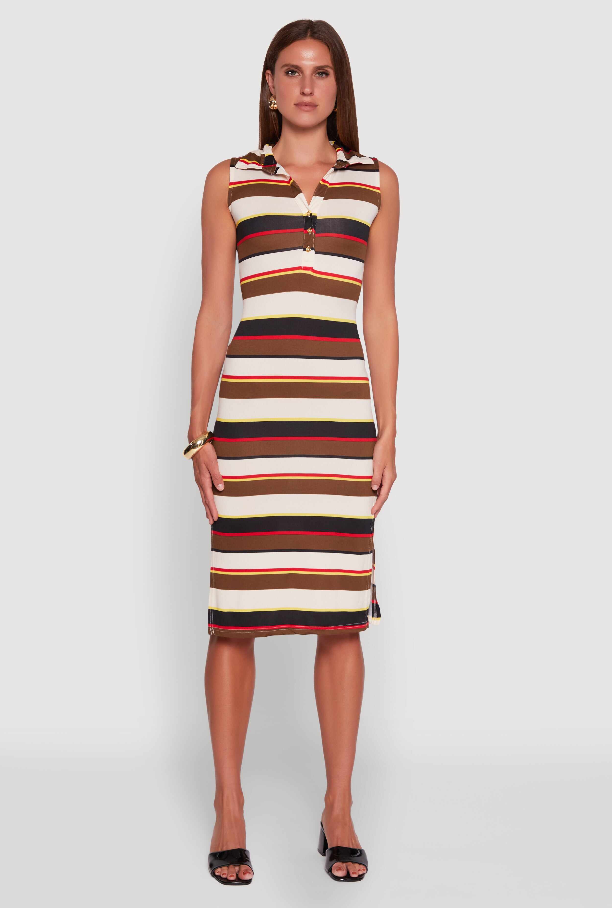 Striped Sleeveless Side Slit Shirt Dress