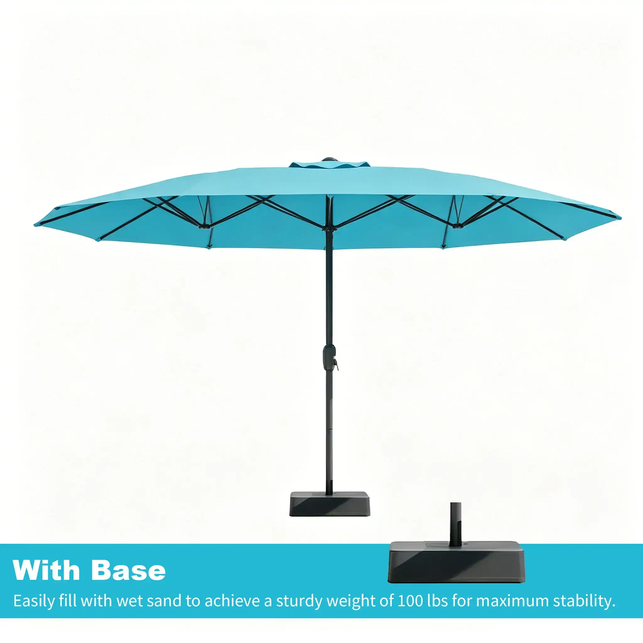 15ft Large Outdoor Patio Umbrella with Base – LED Light Option, Double-Sided, Crank Handle, Waterproof, Comes with Weighted Base and Sandbag, Accommodates 10 People