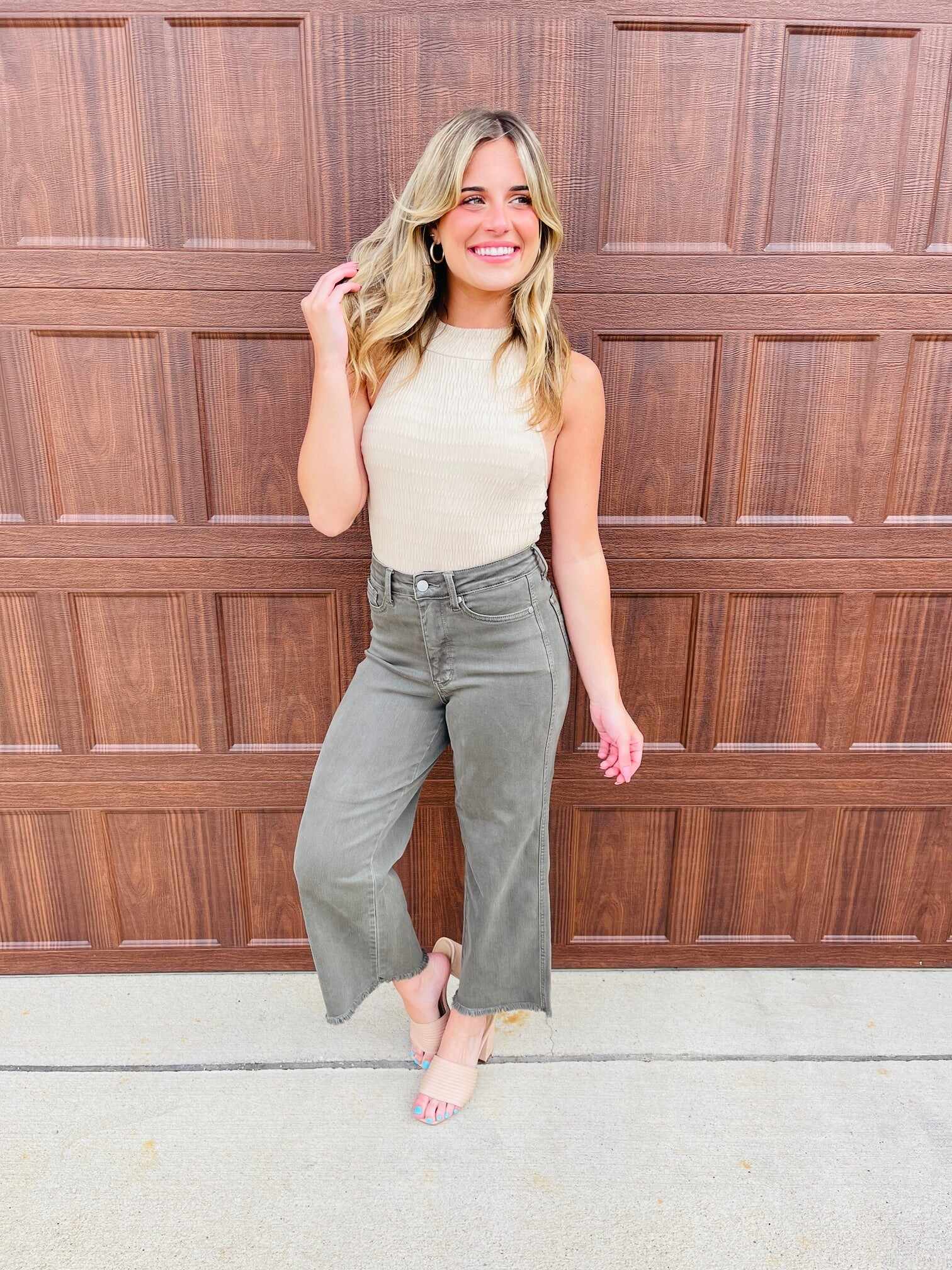 REG/CURVY Olive You Tummy Control Garment Dyed Wide Leg Cropped Jeans