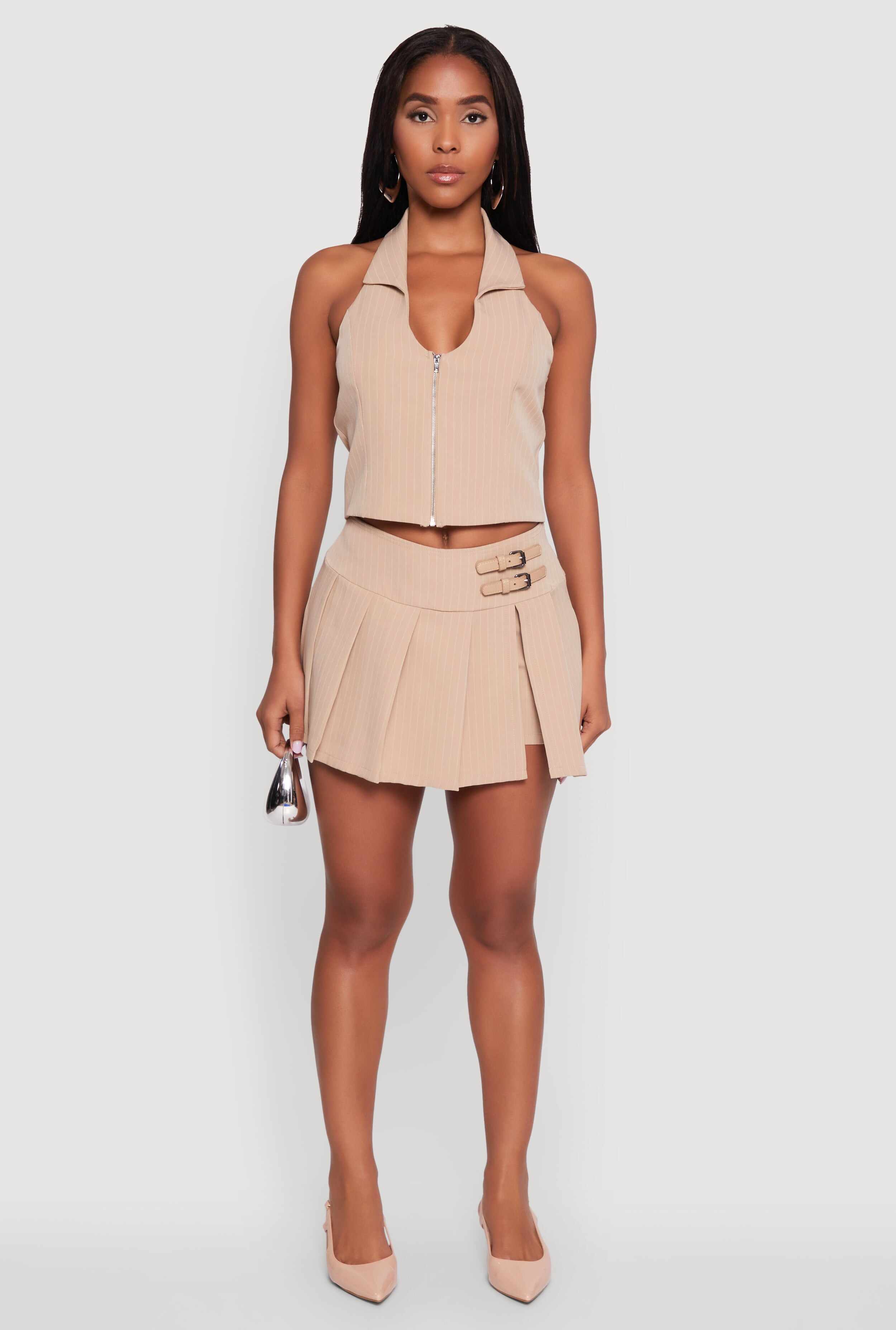 Iris Buckle Detail Pinstripe Pleated Skirt
