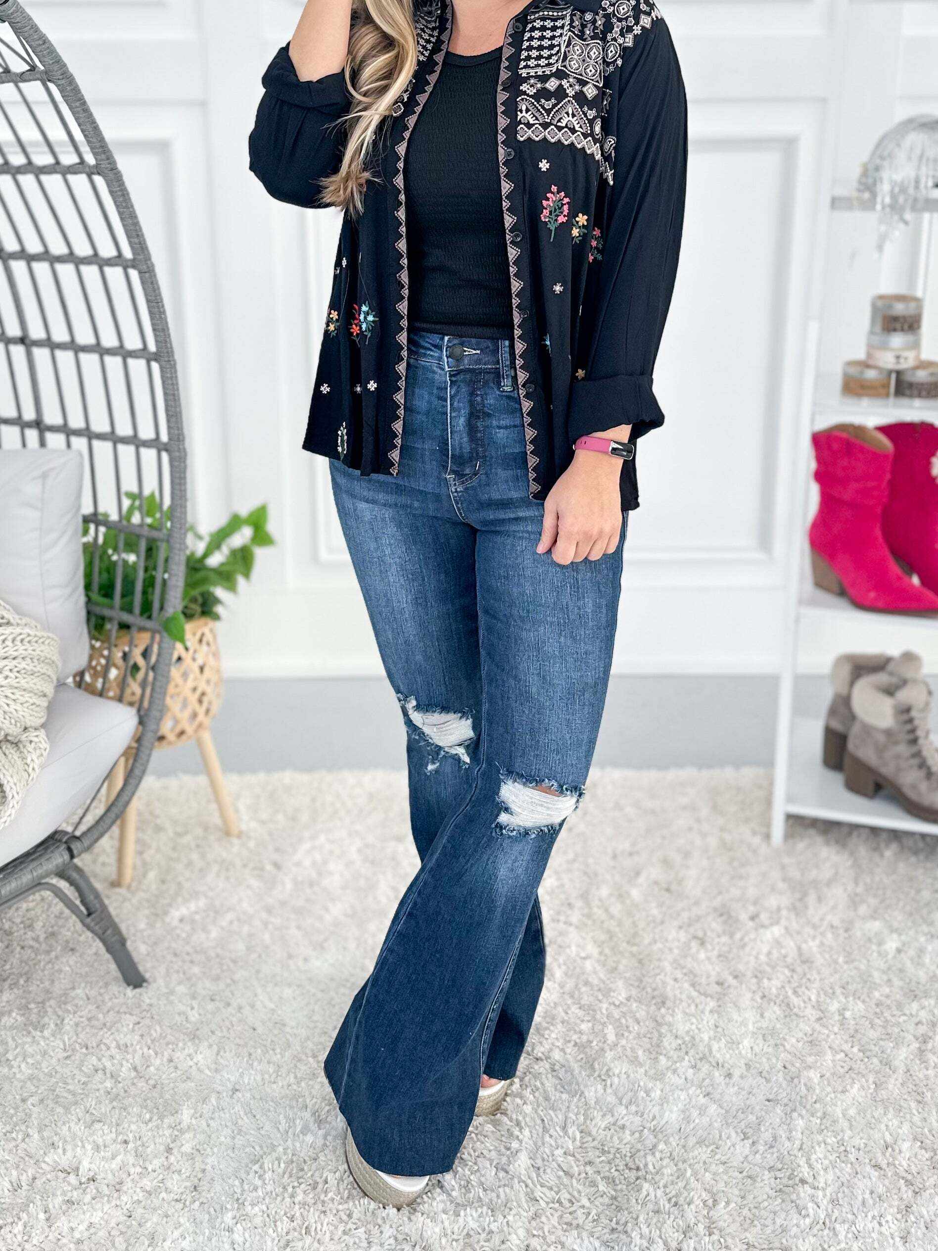 Full Of Flare - Christmas Tummy Control Knee Destroy Raw Hem Flare Jeans- Final Sale