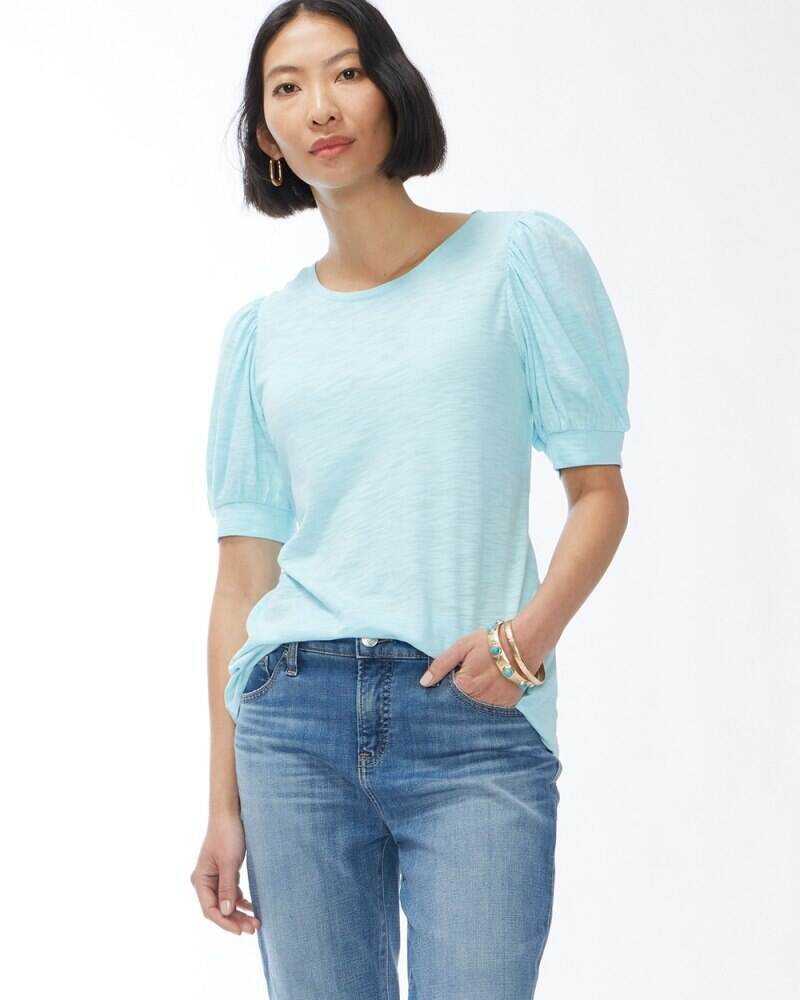 Puff Sleeve Slub Tee Beach Aqua