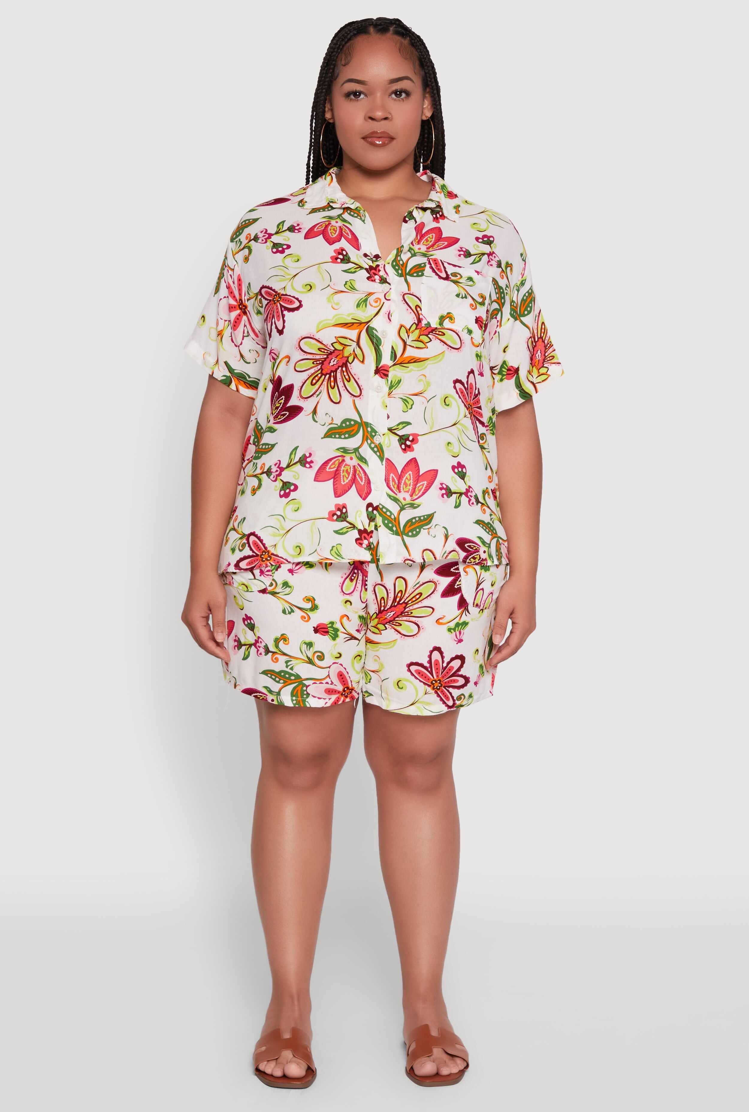 Plus Size Floral Print High Waisted Shorts with Drawstring Waist