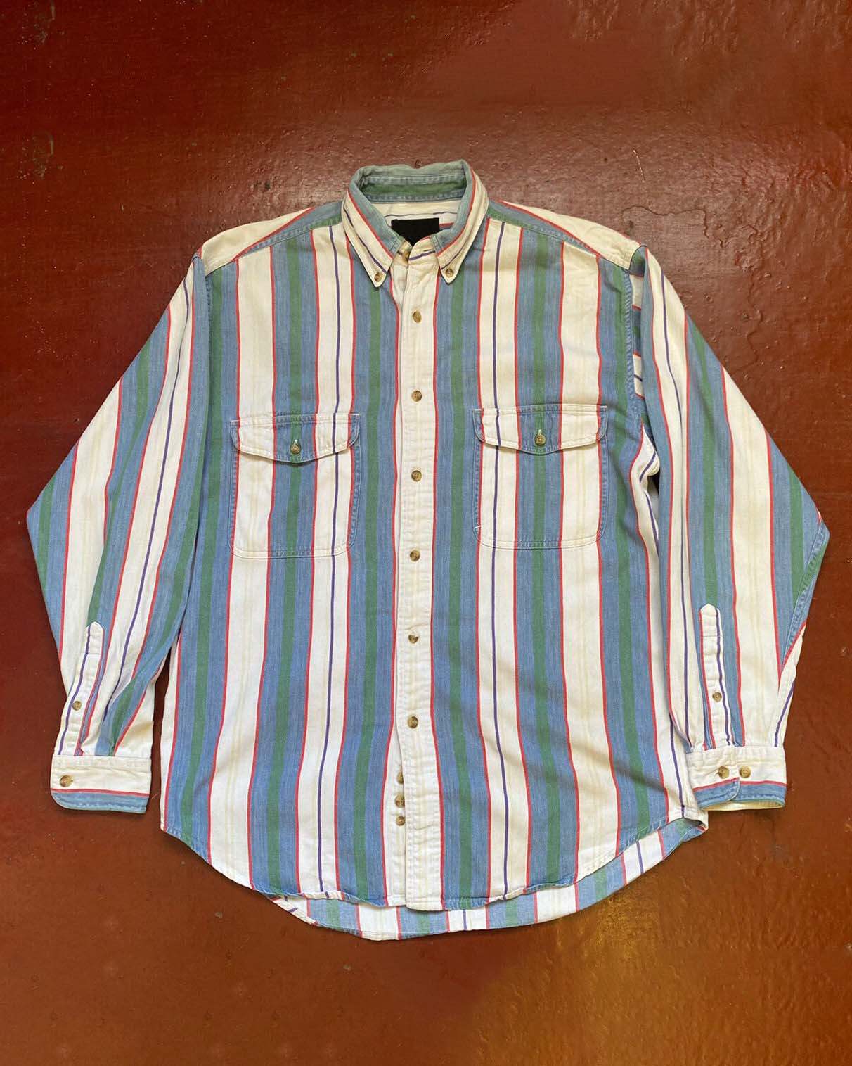 Men's Western Fashion Blue Green White Striped Long Sleeve Shirt