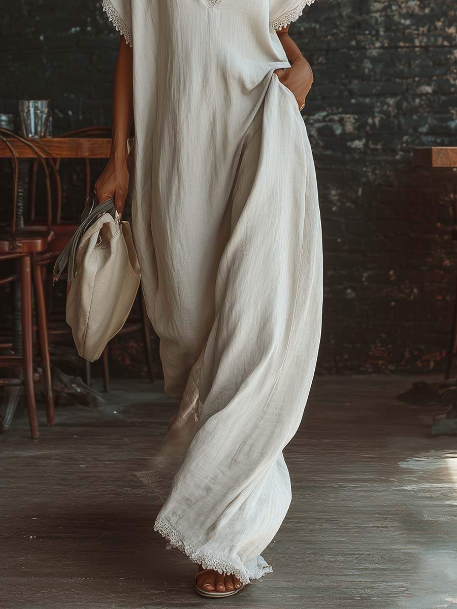 Casual Bohemian Urban V-neck Short-sleeved Lace Trim White Cotton Maxi Dress