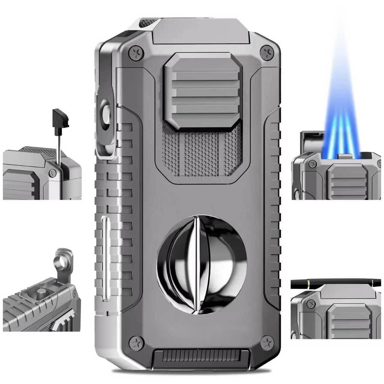 5-in-1 Butane Torch Lighter, Refillable Jet Flame Lighter with V-Cutter, Punch, Holder and Draw Tool, Multi-Functional Accessories Gift for Men, Dad, Husband, Friend