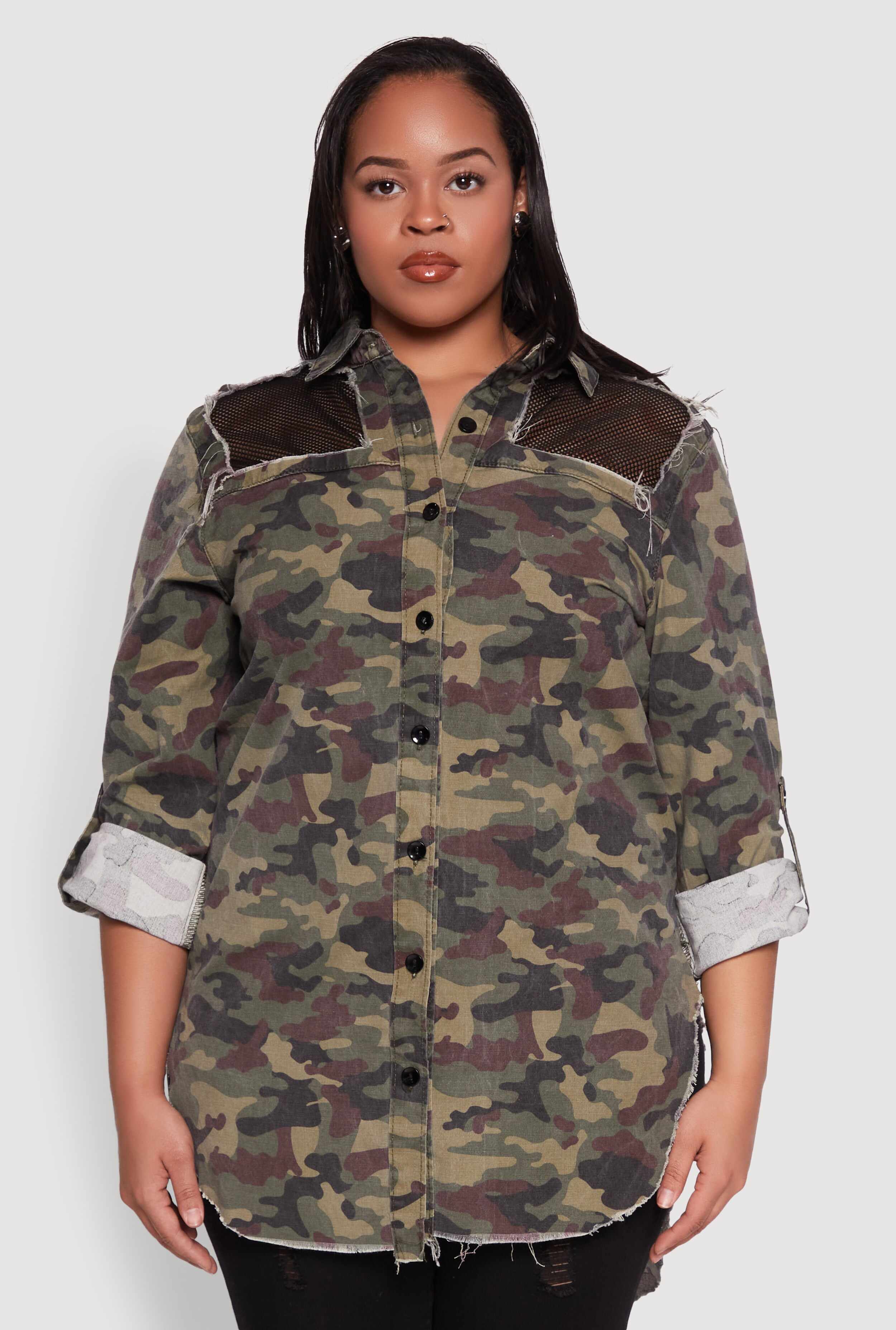 Plus Size Fishnet Detail Camouflage Shirt