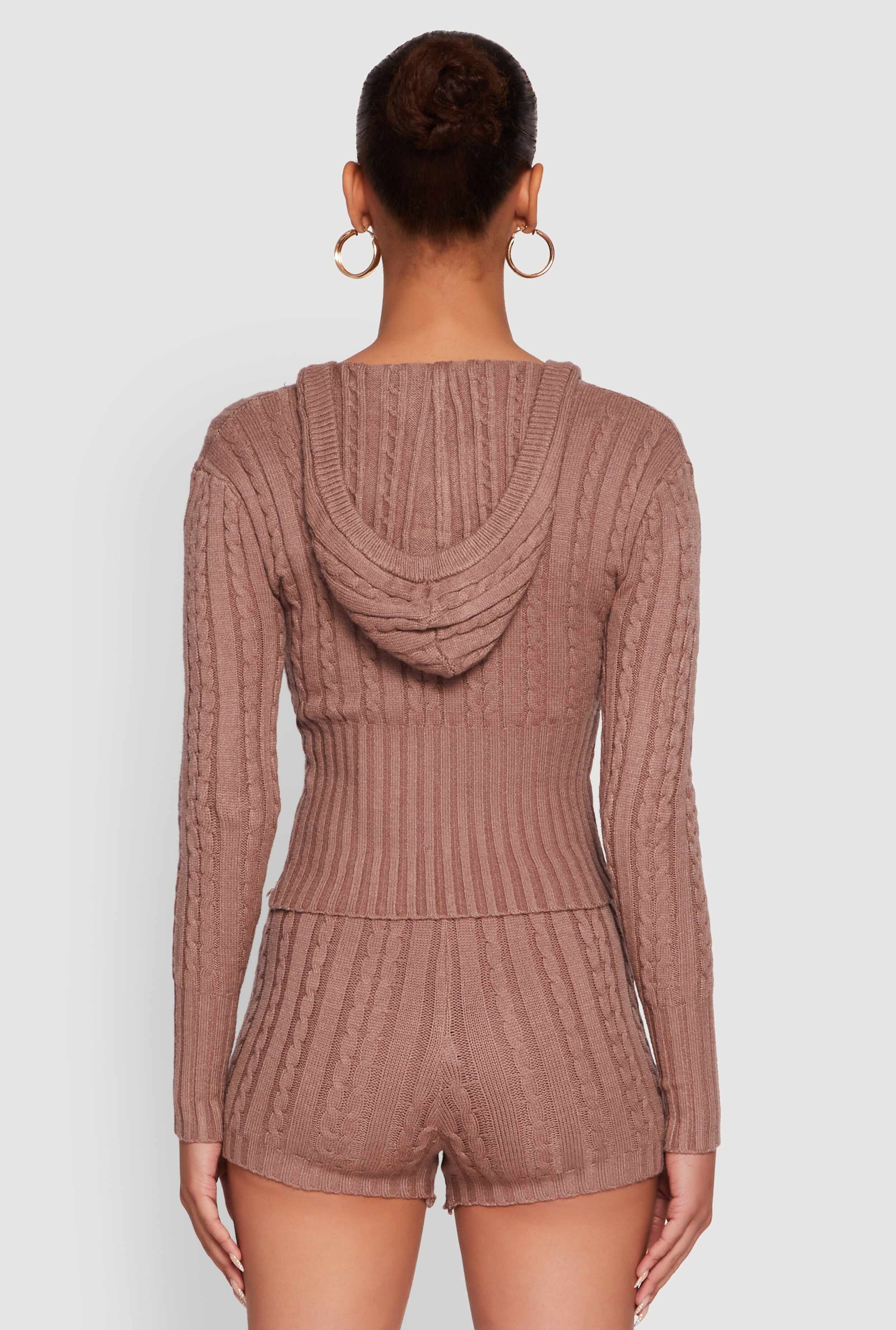 Cable Knit V Neck Hooded Sweater