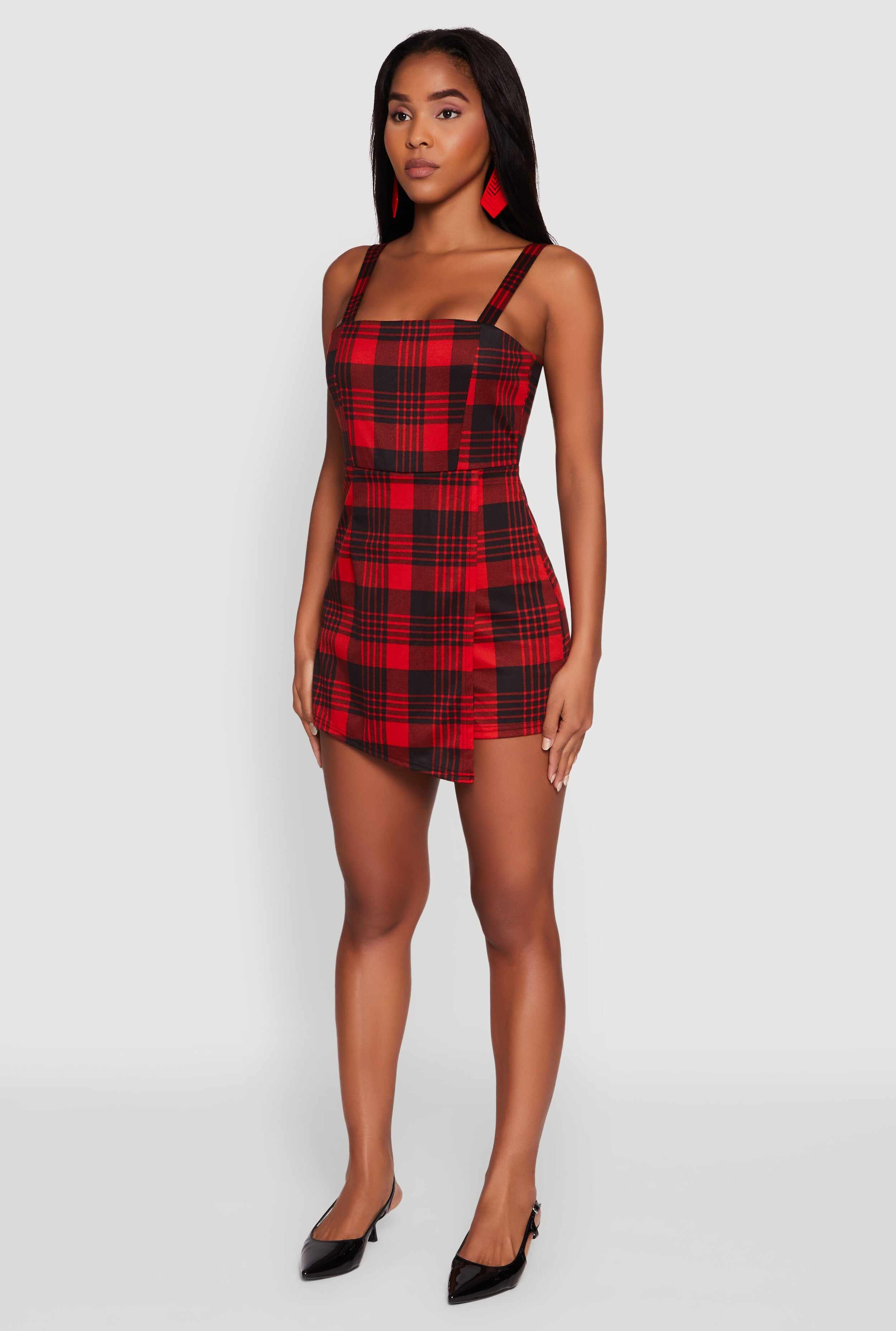 Trendy Plaid Ponte Sleeveless Romper with Zip Back