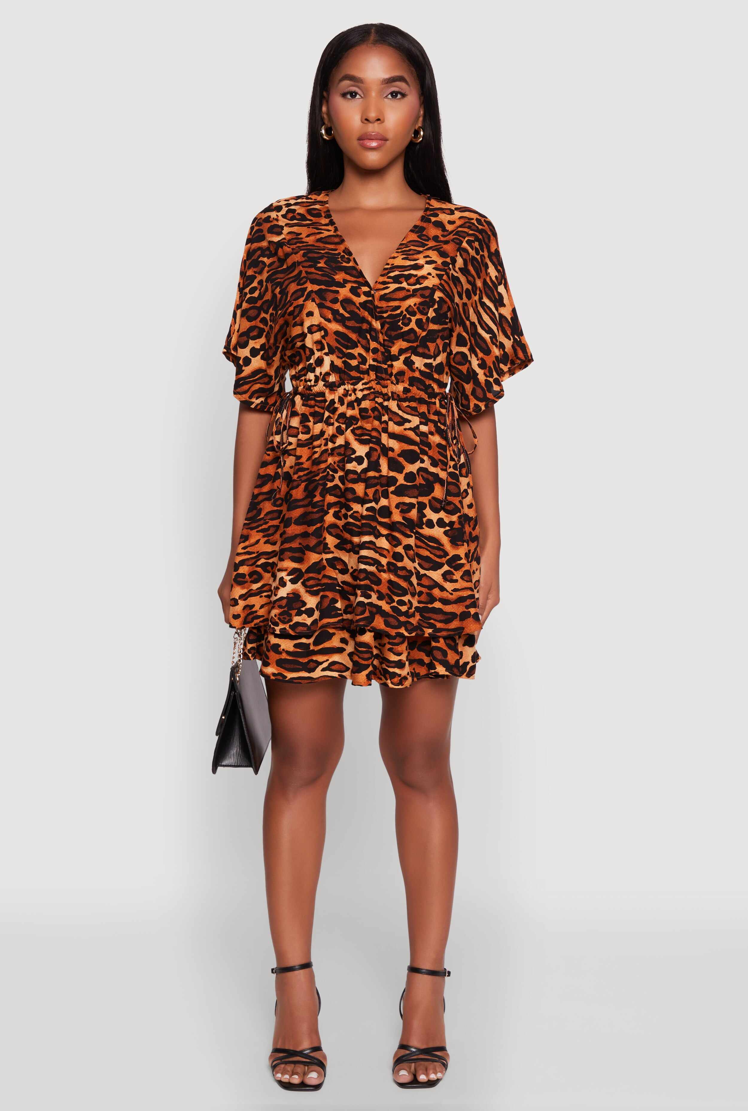 Trendy Leopard Print Tiered V-Neck Cinched Waist Dress
