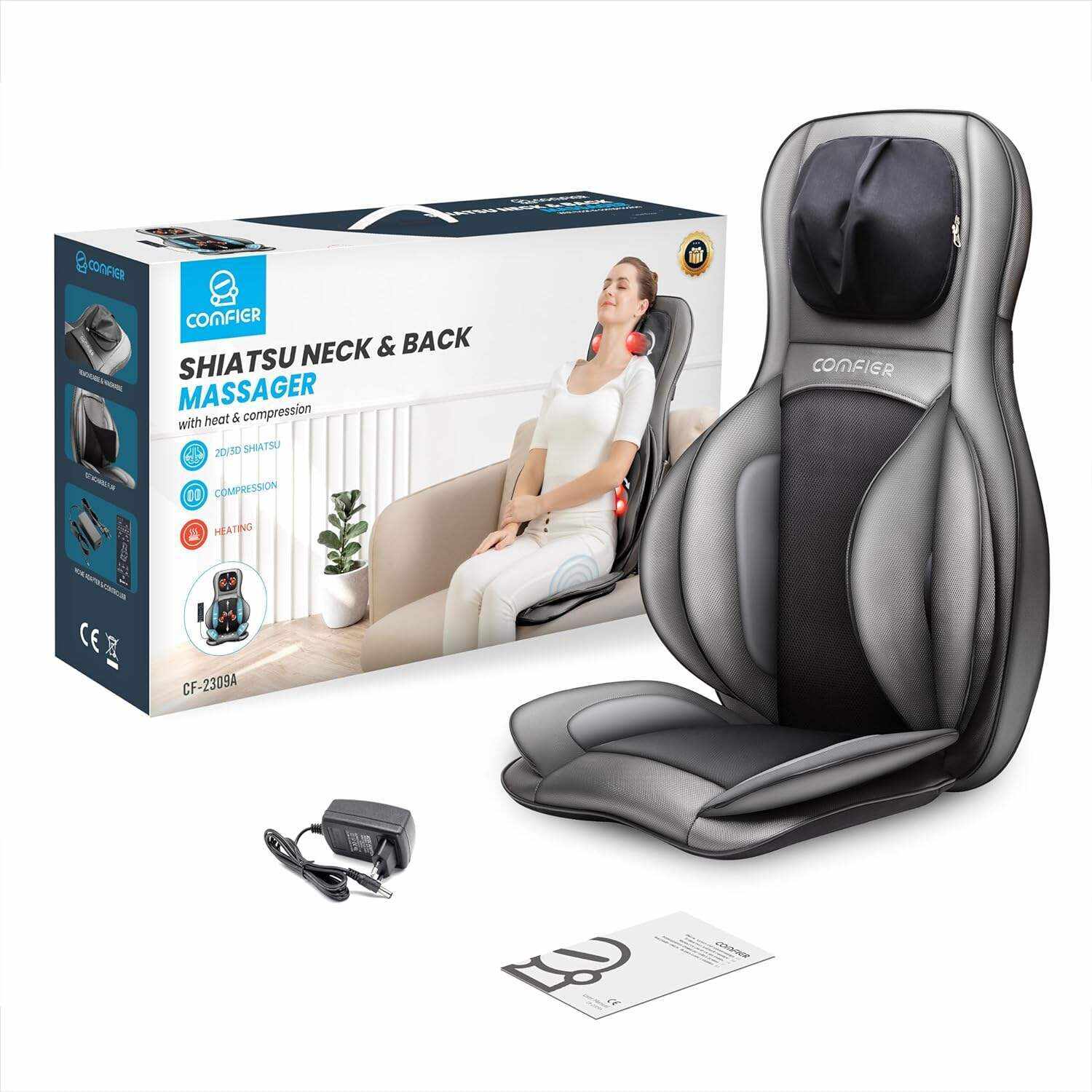 COMFIER Shiatsu Neck Back Massager with Heat and Compression, App Control 2D or 3D Deep Tissue Kneading Massage Chair Pad, Chair Massager for Full Body Pain Relief, Ideal Gifts,Grey