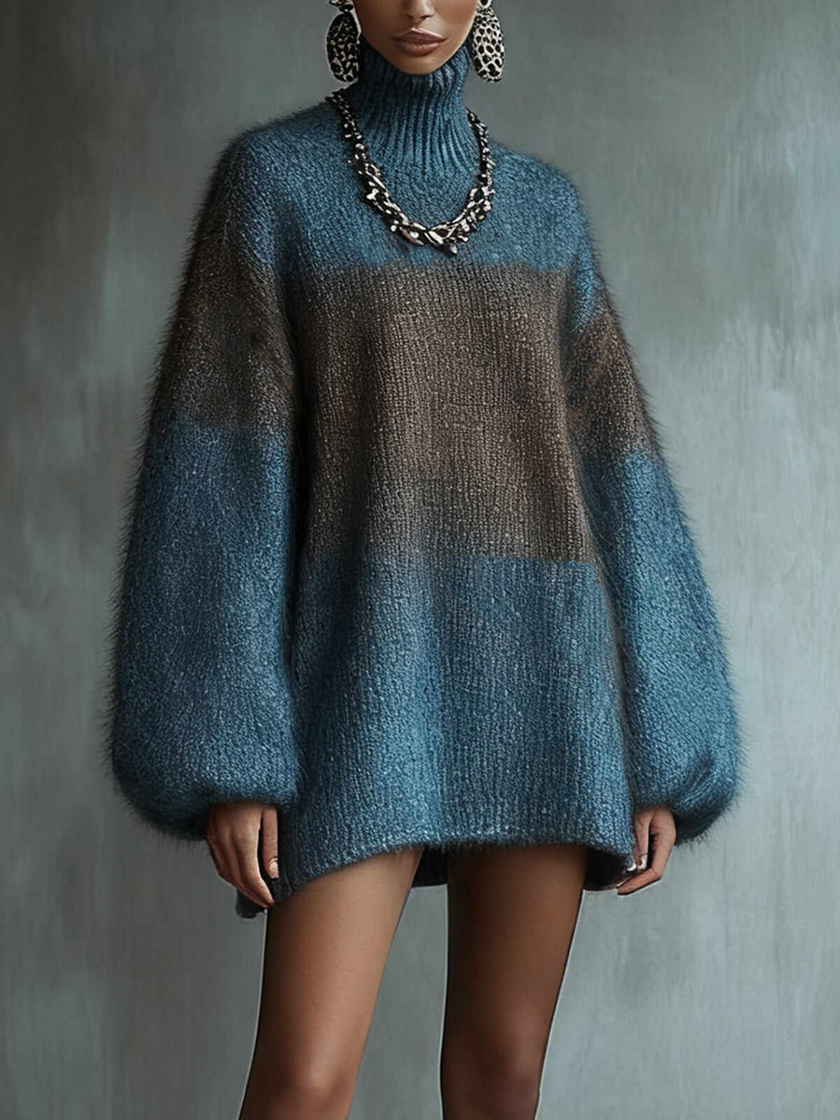 Blue Ombre Knit Turtleneck Dress With Balloon Sleeves