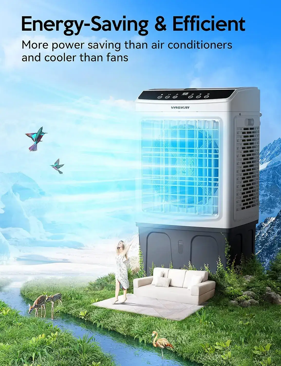 Air Cooler, VAGKRI 2800CFM-3100CFM Swamp Cooler, 120°Oscillation Air Cooler with Remote Control, 24H Timer, 3 Modes & Wind Speeds for Outdoor Indoor Use, 9.2Gallon