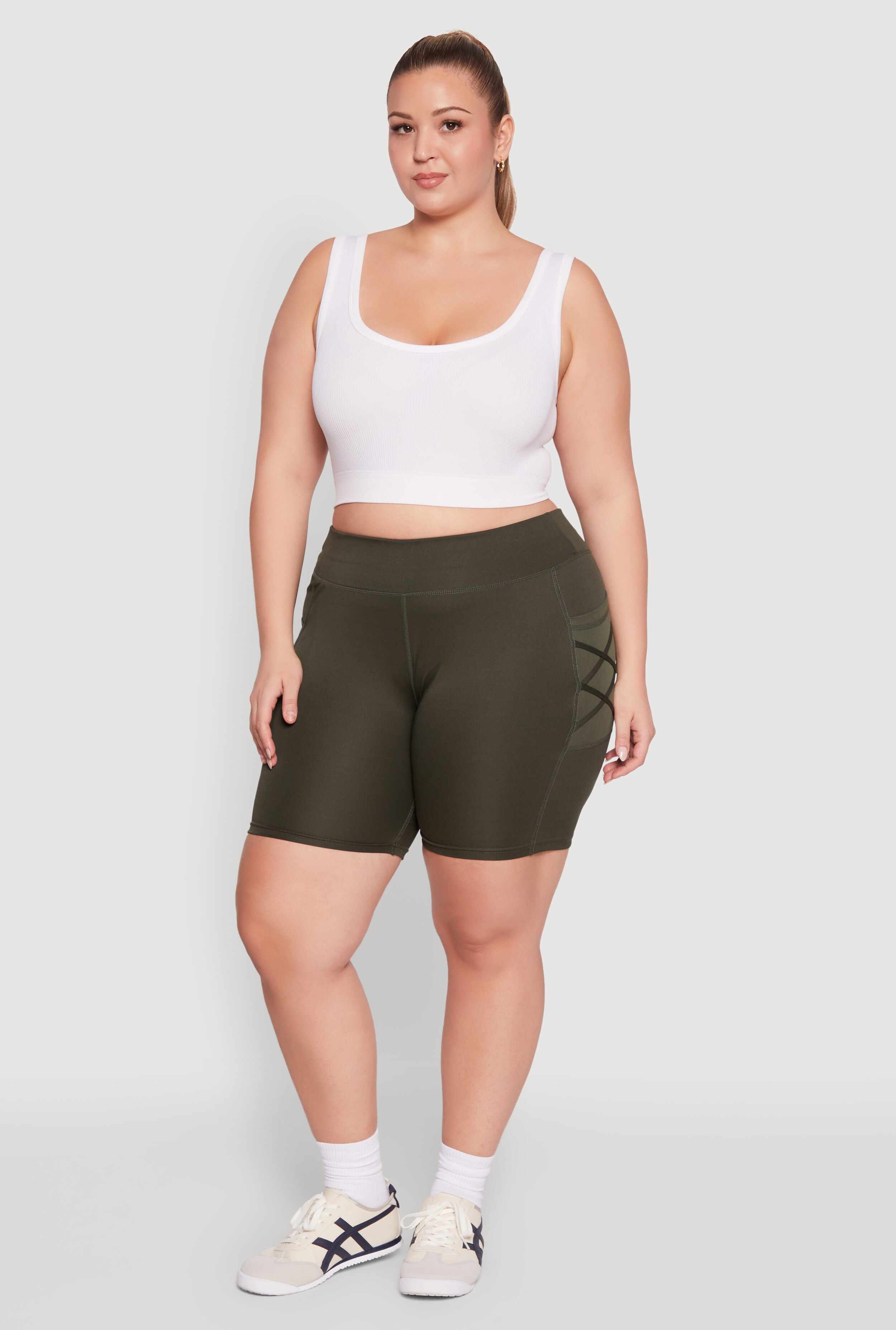 Plus Size Caged Mesh Cell Phone Pocket Biker Shorts