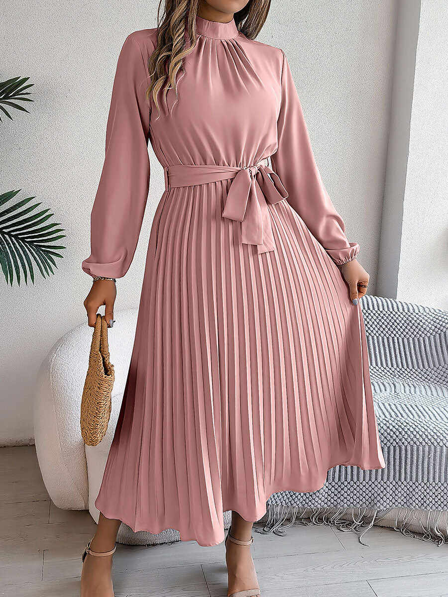 🔥Summer Arrivals🌟Women's Stand-up Collar Long-sleeved Lace Up Pleated Dress