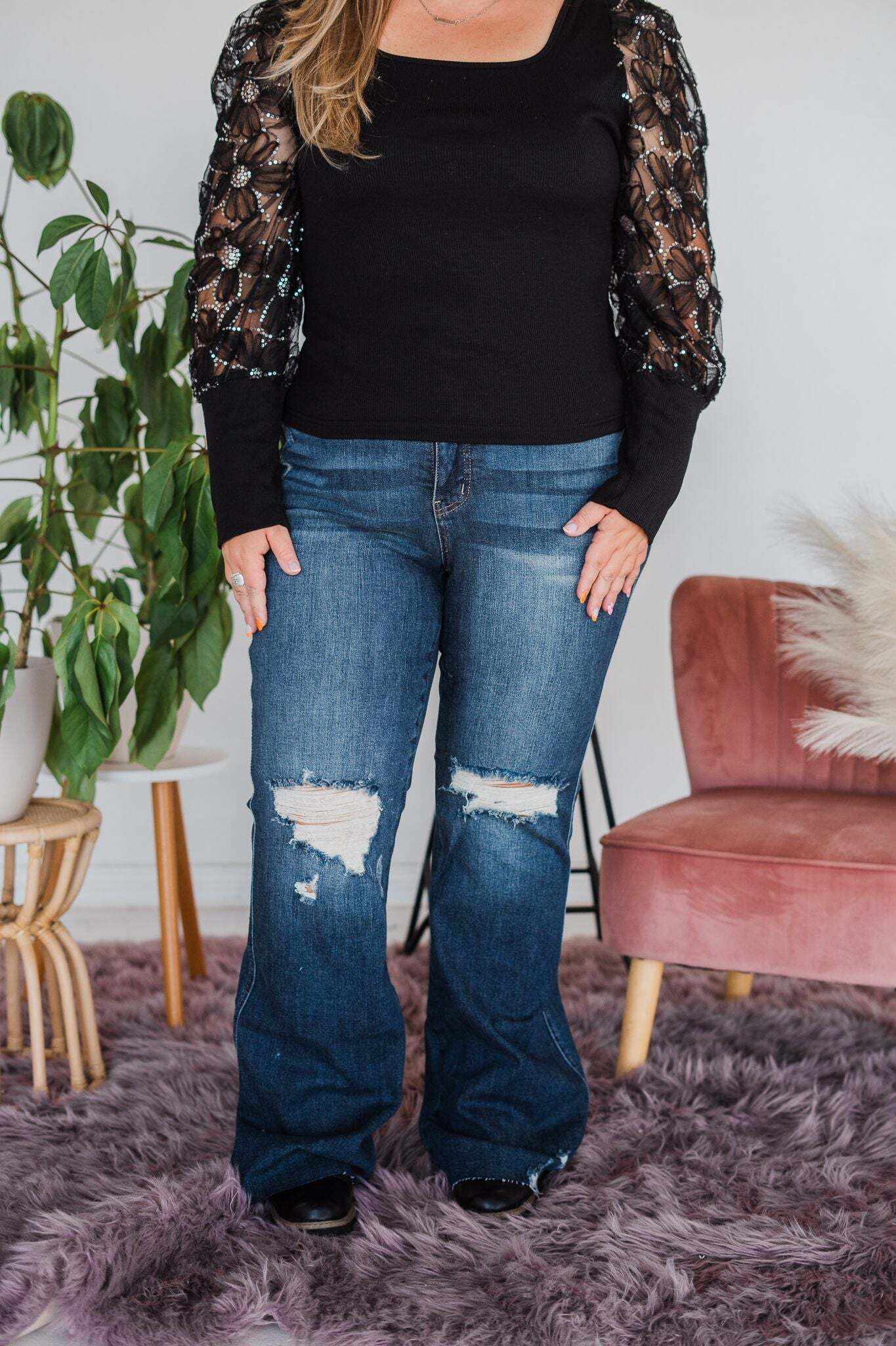 Full Of Flare - Christmas Tummy Control Knee Destroy Raw Hem Flare Jeans- Final Sale