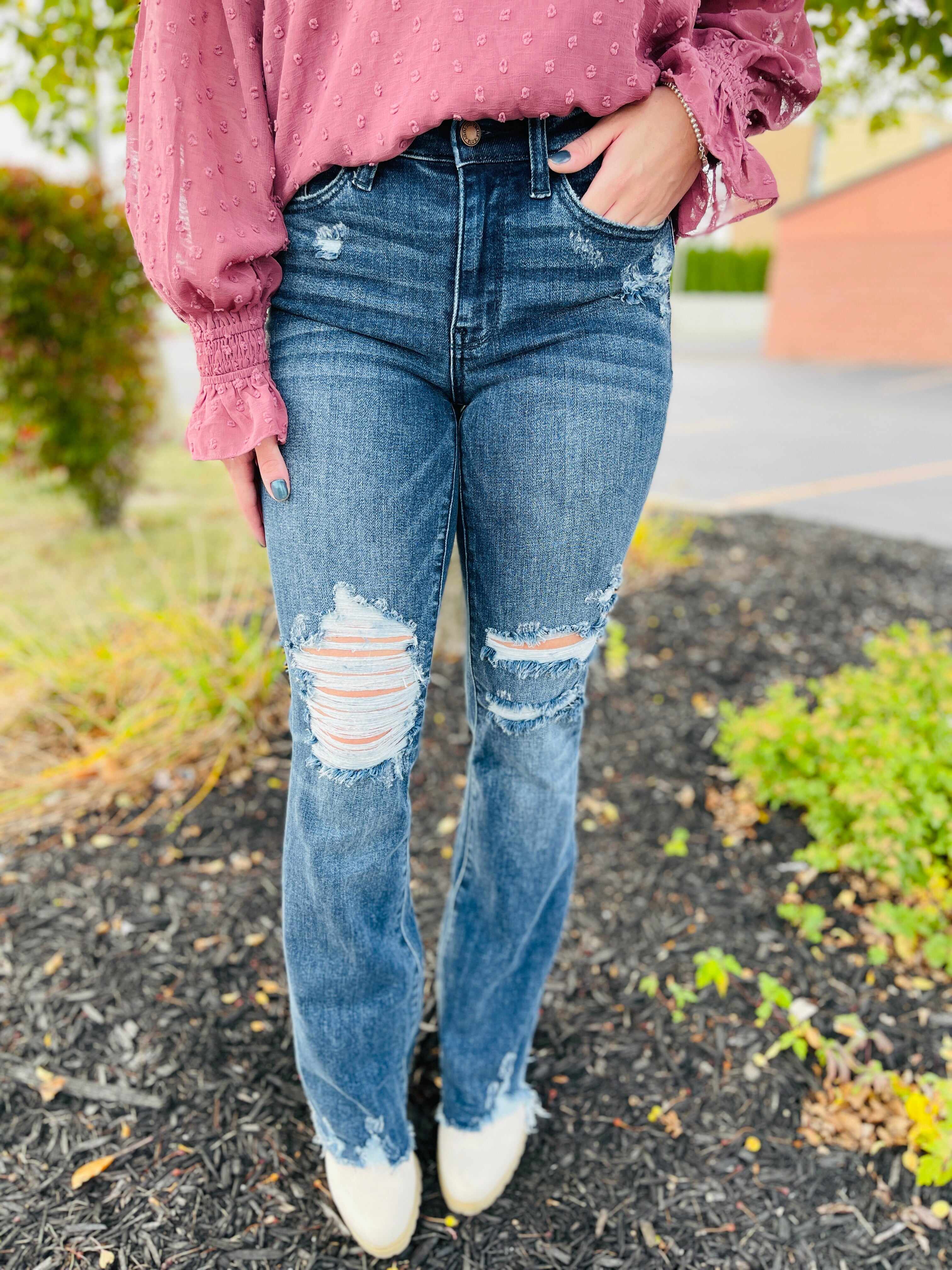 Plus/Reg Best Distressed Midrise Bootcut Jeans