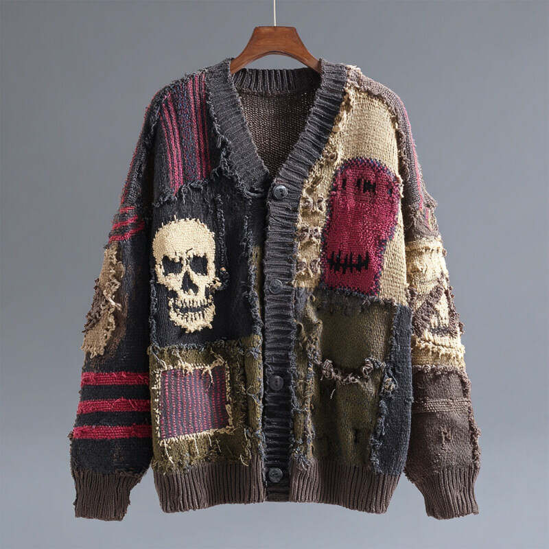 Halloween Vintage Skull Patchwork V Neck Cozy Cardigan