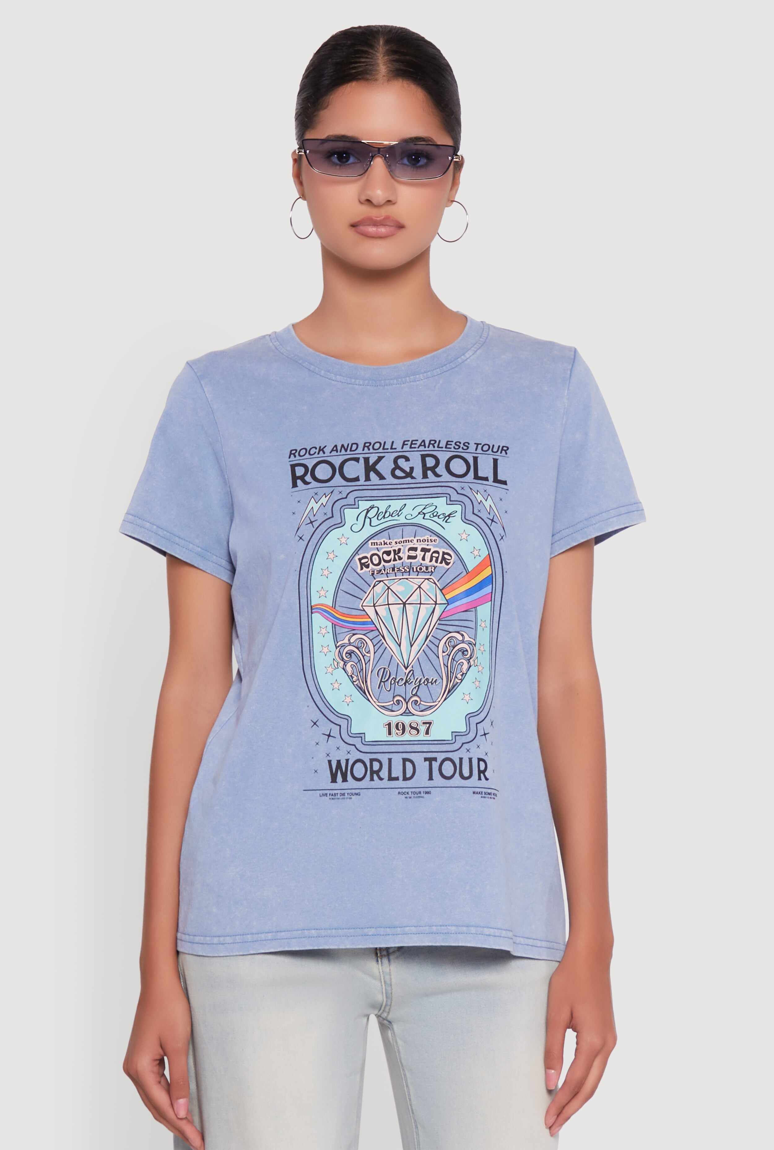 Acid Wash Graphic Rock and Roll Fearless Tour T-Shirt