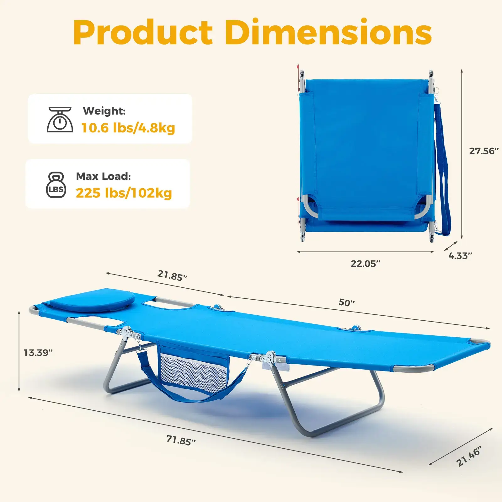 Folding Adjustable Chaise Lounge Chair, Portable Beach Lounge Chair with Backpack Straps & Side Pocket for Outside, Patio, Poolside, Lawn