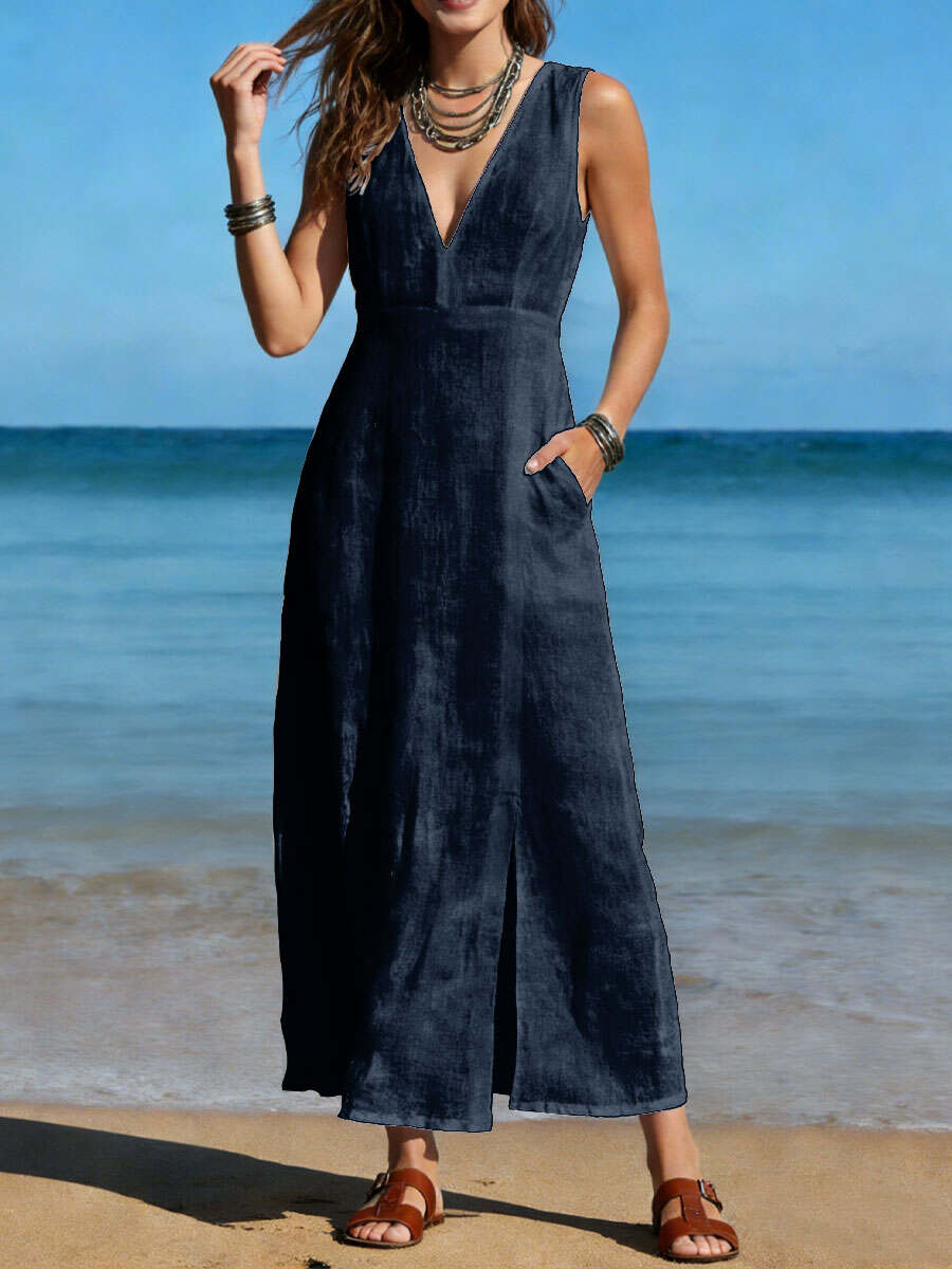 🔥Summer Arrivals🌟Women's Long Cotton Linen Slit Dress