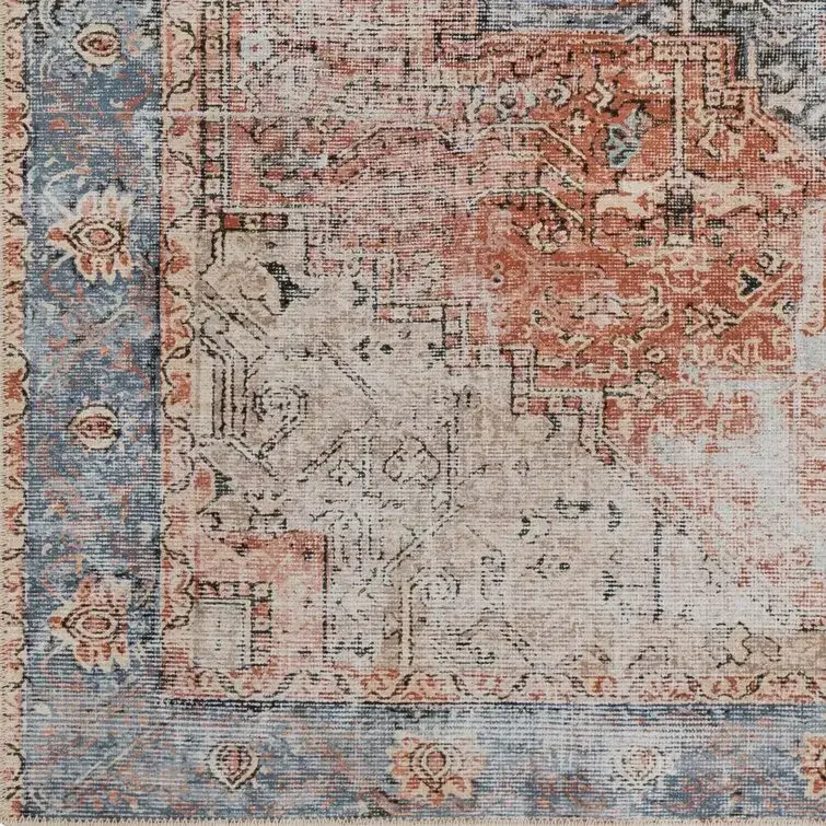 Mya Machine Washable Oriental Brick Red/Light Gray Area Rug