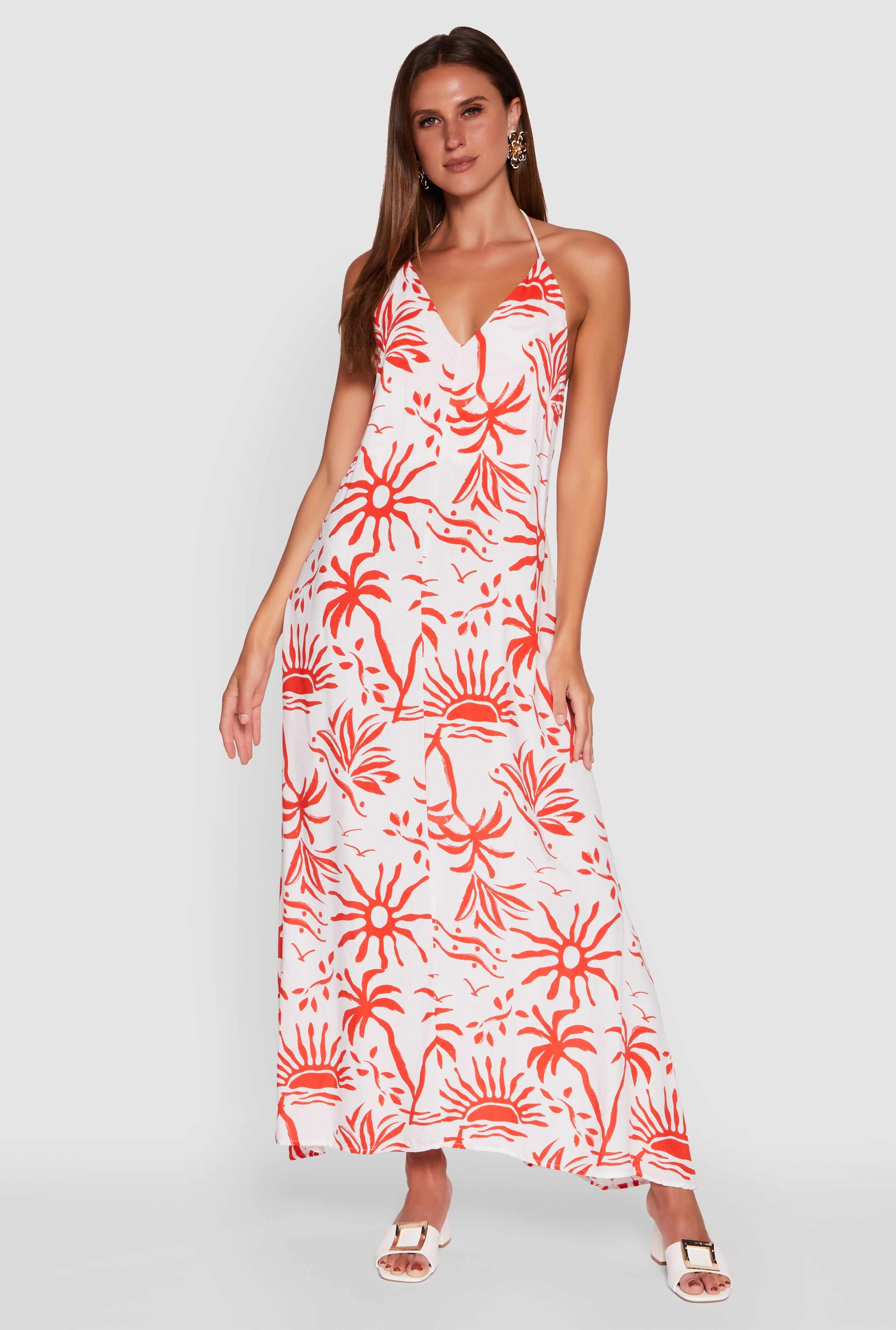 Tropical Print Caged Low Back Rope Halter Maxi Dress