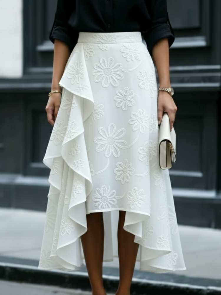 🔥Summer Arrivals🌟Elegant Romantic Ruffled Hem Floral Embroidery Skirt