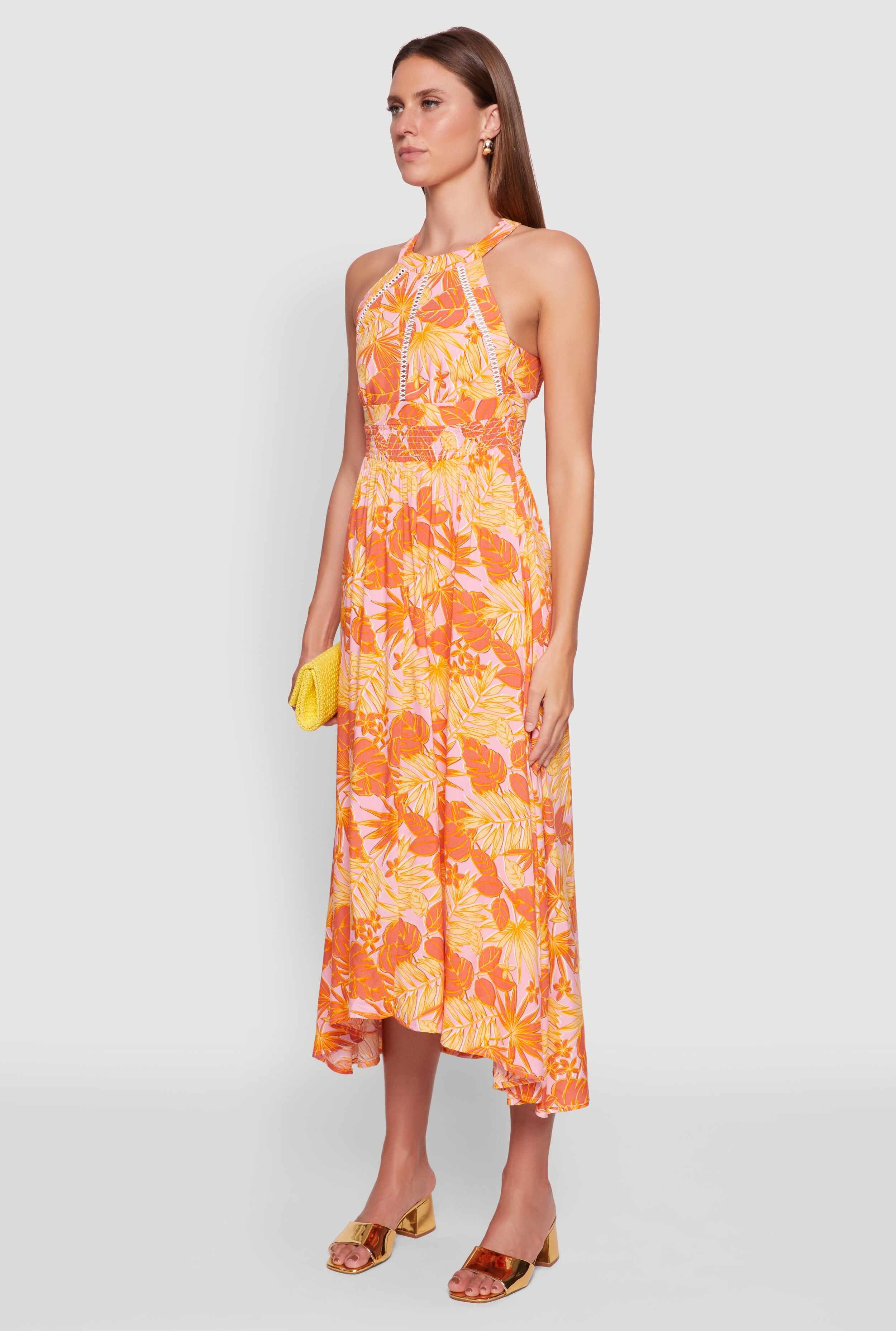 Iris Leaf Print Halter Dress with Crochet and Smocked Details