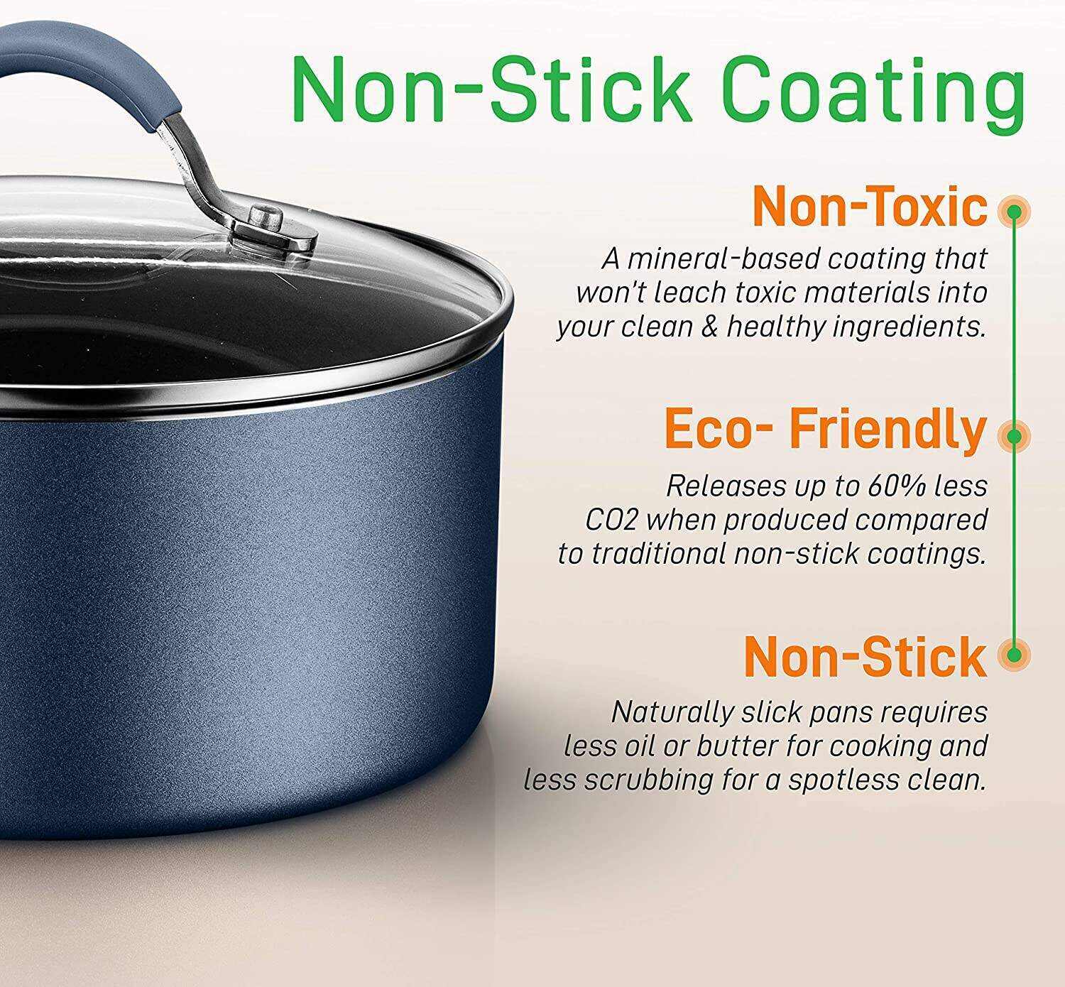 20-Piece Nonstick Kitchen PTFE/PFOA/PFOS-Free Heat Resistant Silicone Handles Cookware Bakeware Set w/Saucepan, Frying Pans, Cooking, Oven Pot, Lids, Utensil, -NCCW20SBLU, One Size, Navy