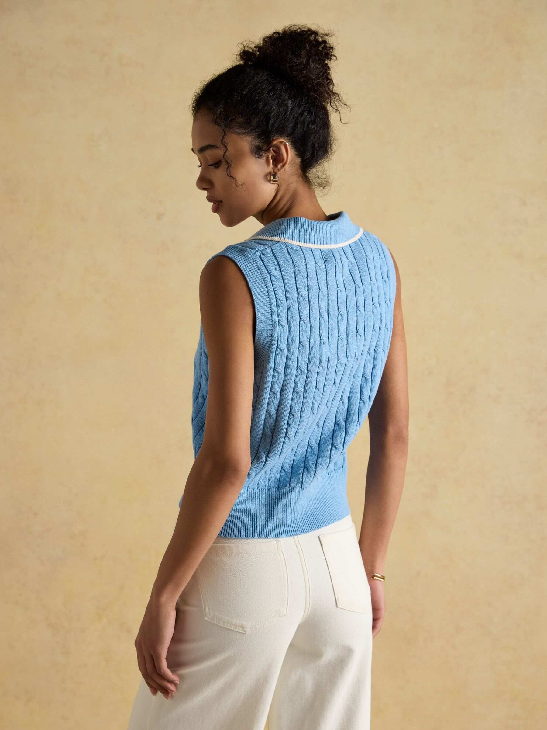 Janey Blue Cotton Collared Cable Tank
