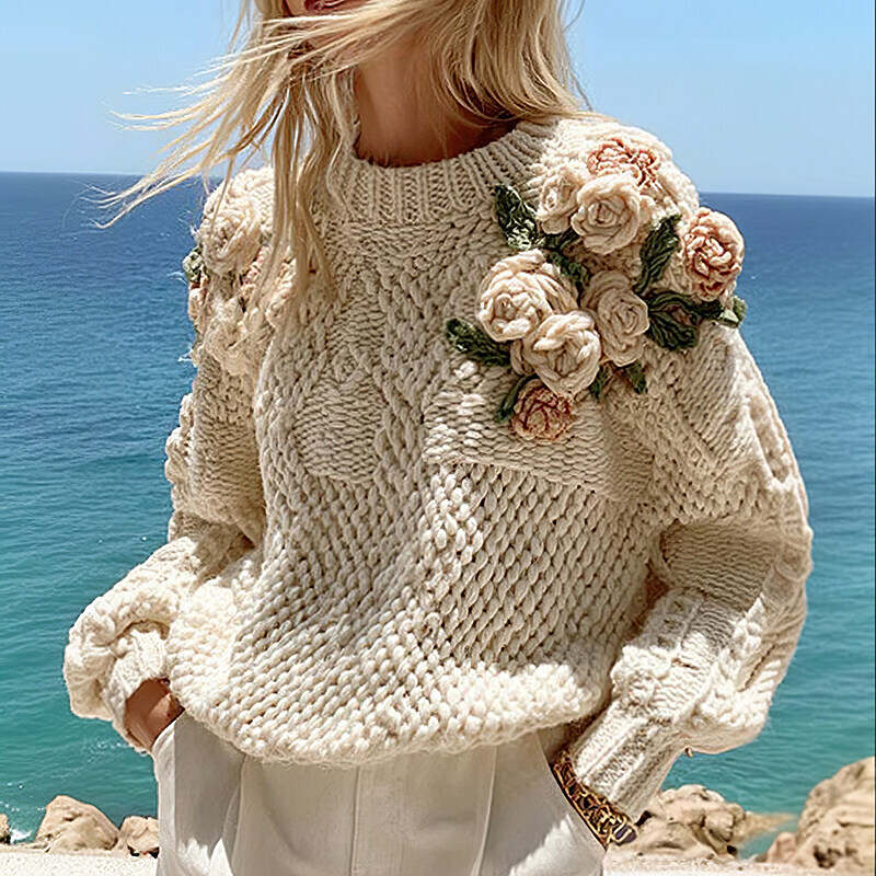 Women's Boho Rose Chunky Knit Crew Neck Aran Sweater