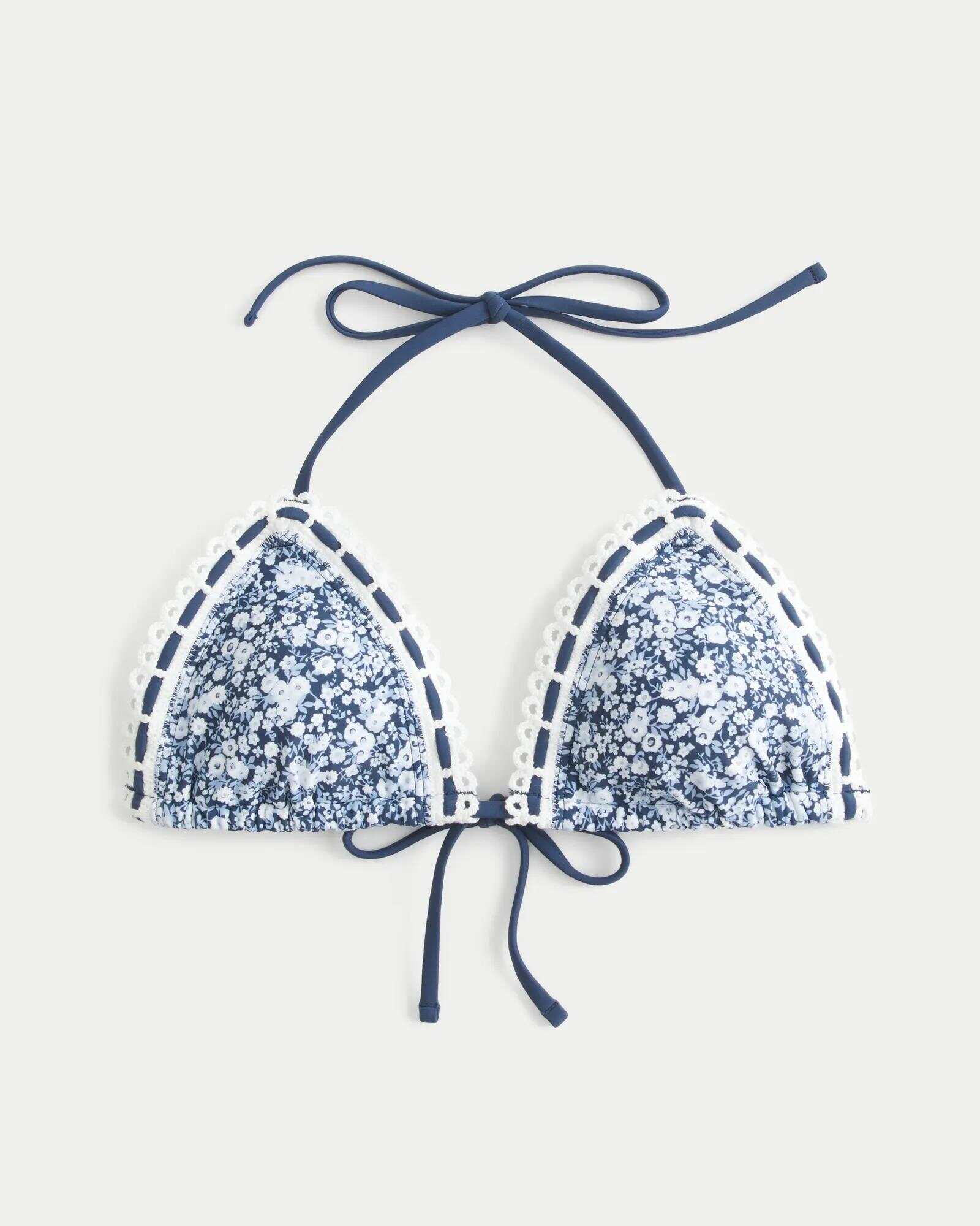 Crochet-Style Trim Halter Triangle Bikini Top