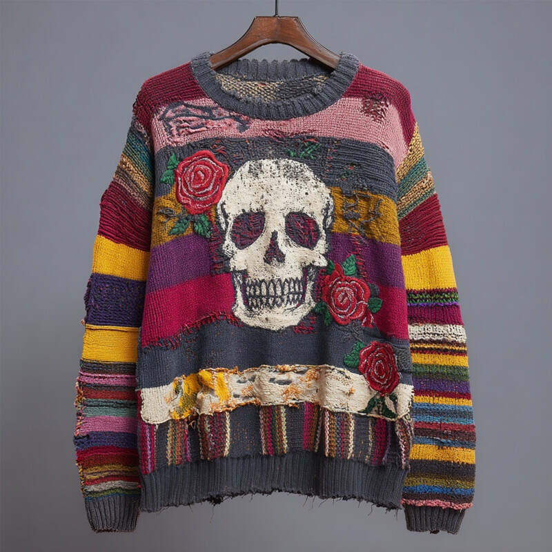 Halloween Skull & Roses Embroidered Patchwork Knitted Sweater