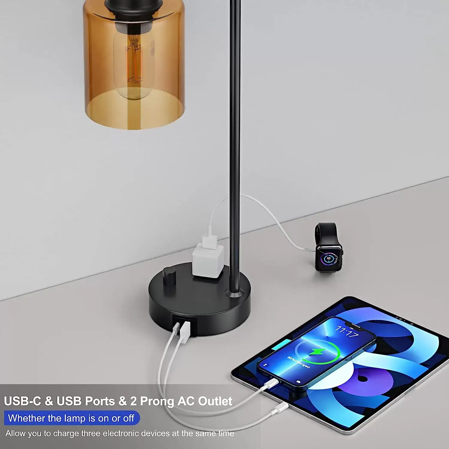 Industrial Bedside Table Lamp for Bedroom - Nightstand Lamps with USB C Charging Port, Fully Dimmable Black Lamps with USB Ports and Outlets, Small Desk Lamp with Glass Shade for Office Living Room