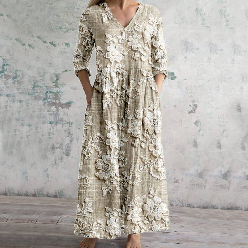 Vintage Floral Lace Embroidered V Neck Linen Blend Maxi Dress