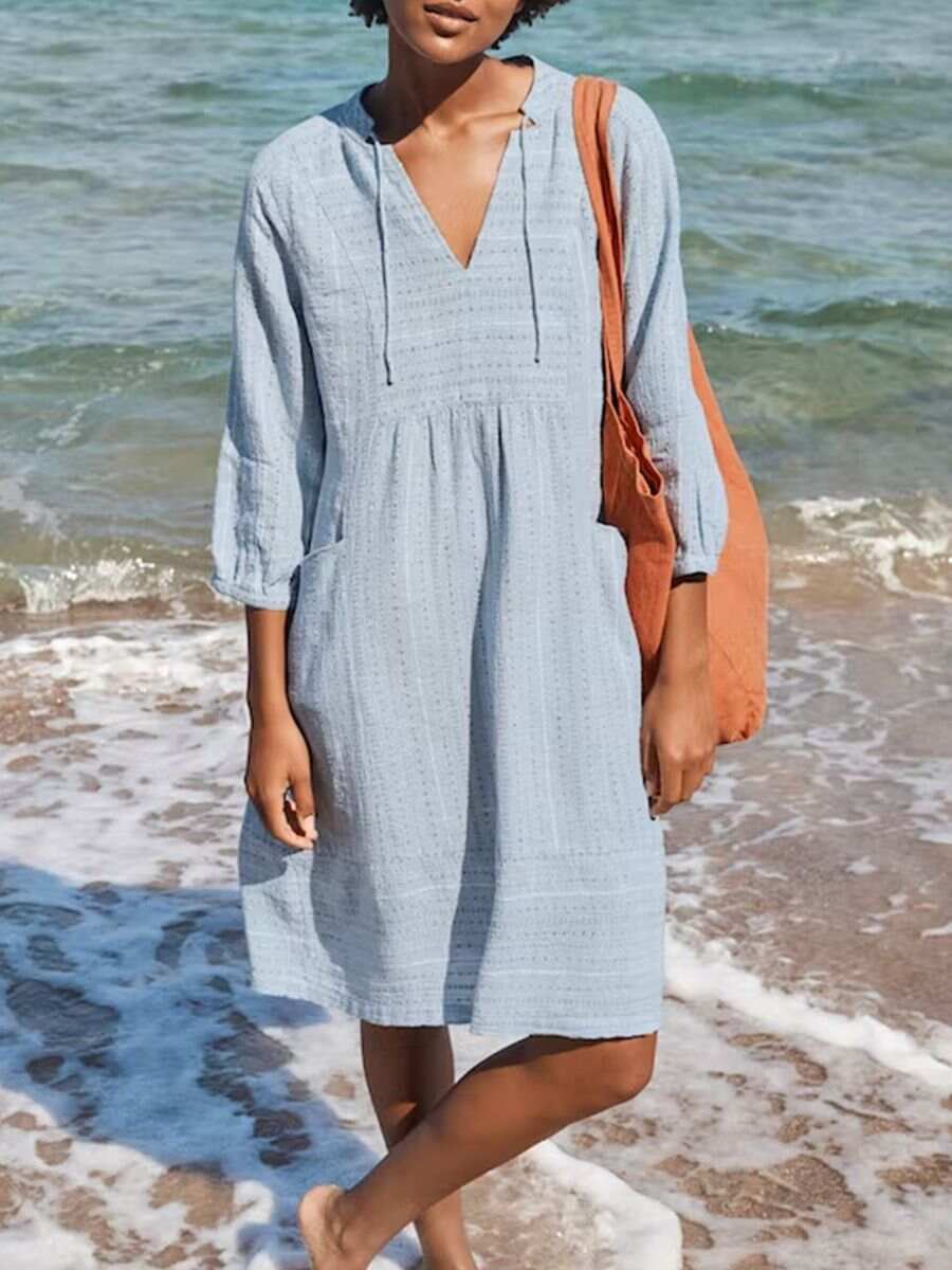 🔥Summer Arrivals🌟Women's Solid Color Loose Elegant Casual V-neck Pocket Cotton And Linen Dress