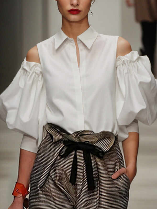 🔥Summer Arrivals🌟Women's Loose Pleated Solid Color Cold Shoulder Cotton Blouses