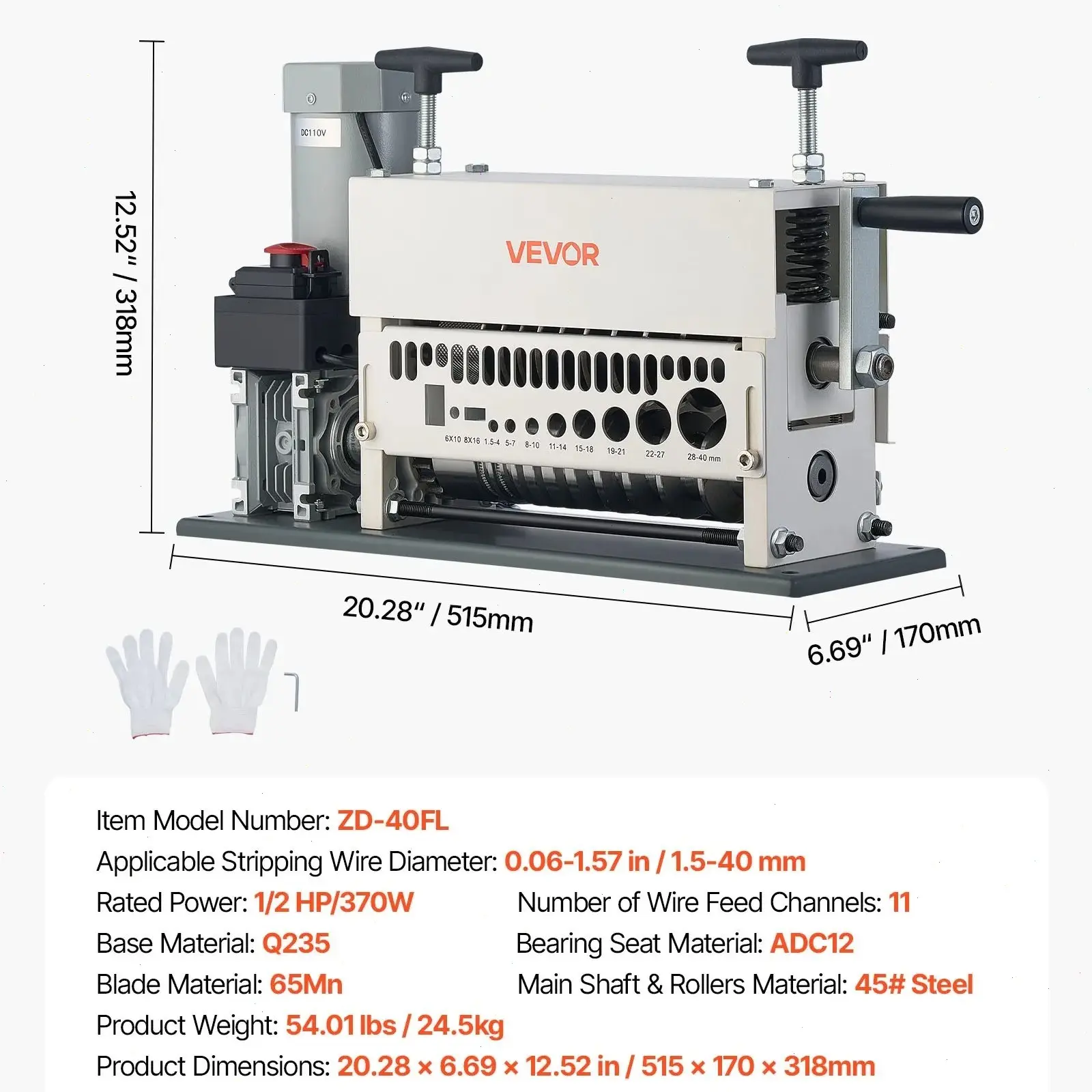 Automatic Wire Stripping Machine,0.06''-1.26'' Electric Motorized Cable Stripper, 750 W, 98 ft/min Wire Peeler with Visible Stripping Depth Reference, 10 Channels for Scrap Copper Recycling Heavy Duty Tool