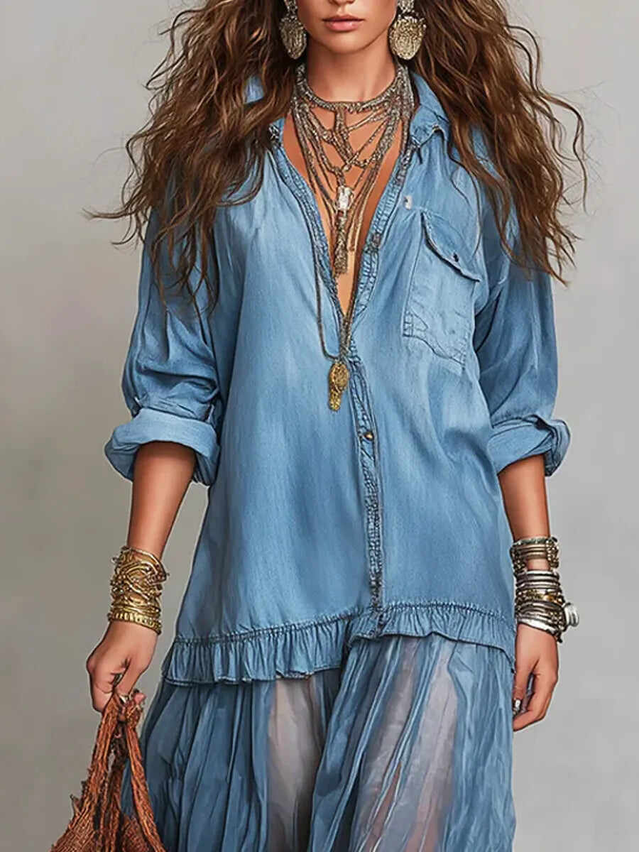 Women's Retro Lapel Denim Organza Patchwork Art Casual Maxi Dress